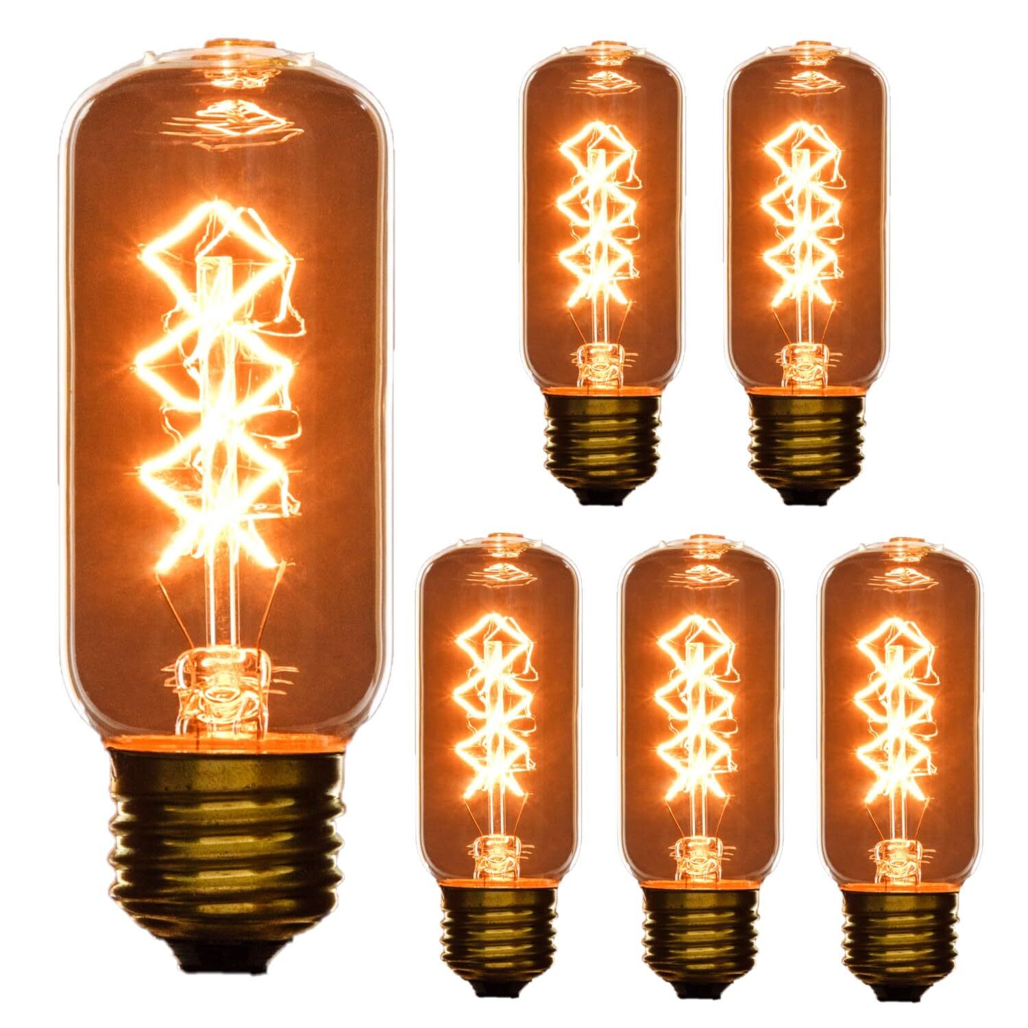 6Pack Vintage Antique Radio Bulb, Clear T12, E26, 2600K, 40W, 120V