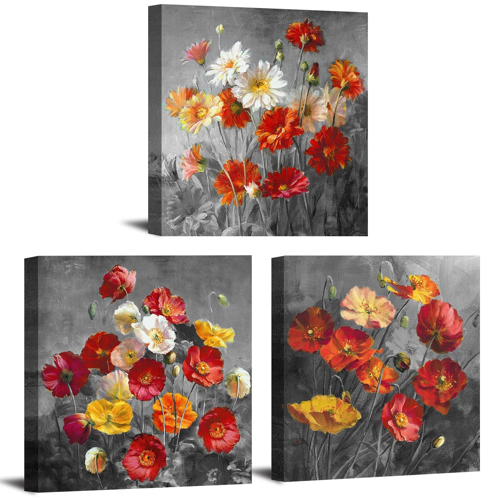 3 Piece Burnt Orange Poppy Wall Art Bedroom Flower Pictures Wall Decor Wildfl...