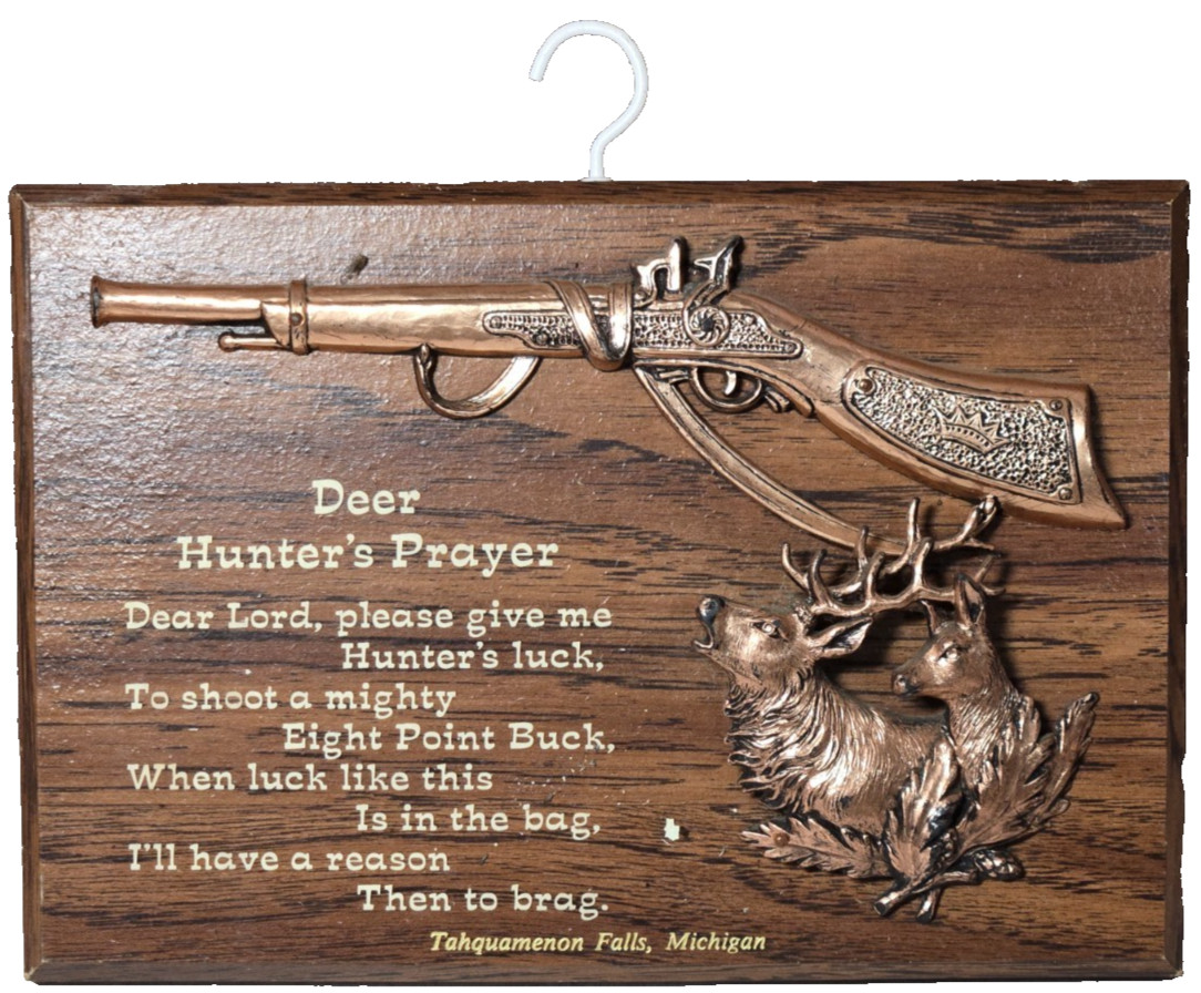 Copper Plated Metal Rifle Deer Hunter's Prayer Plaque Wood Hanging Wall Sign