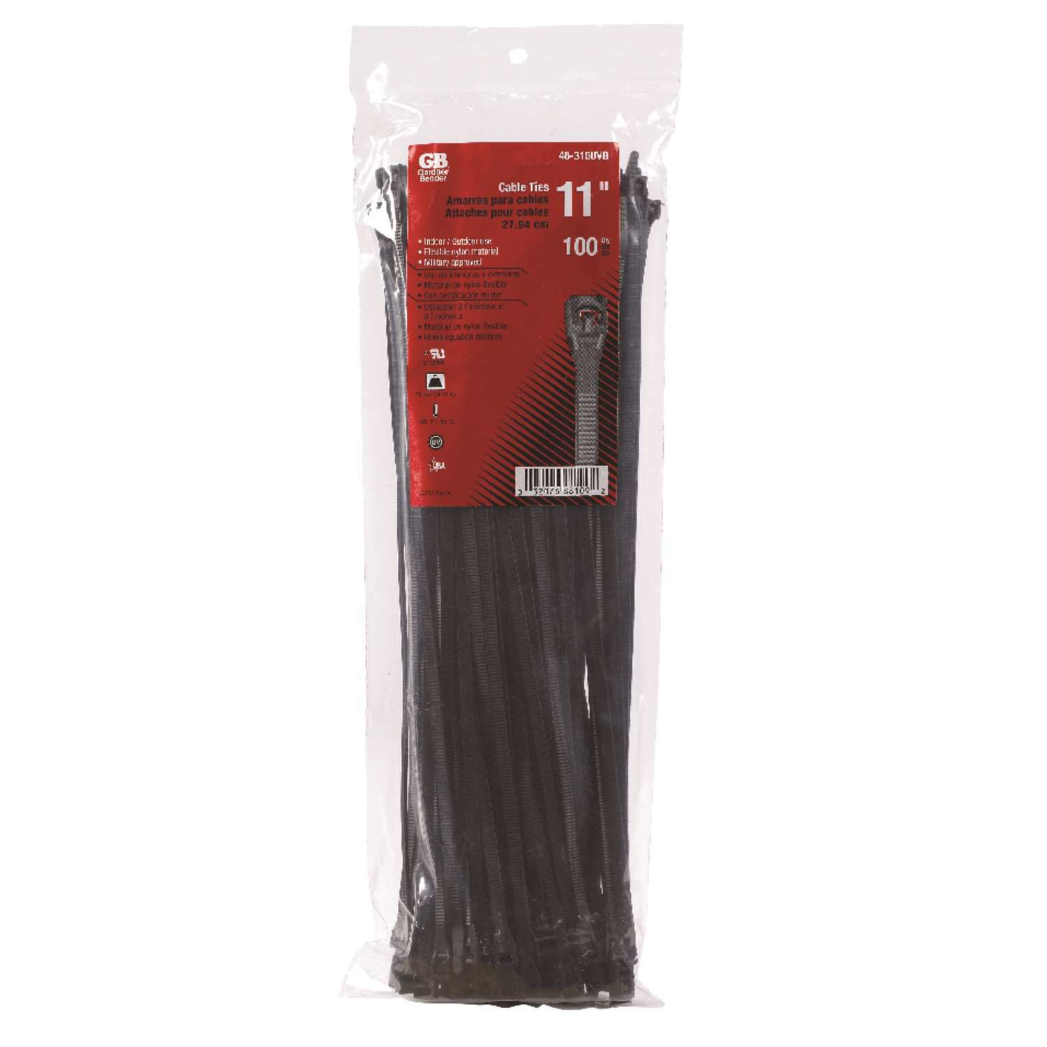 GARDNER BENDER 11 INCH BLACK CABLE TIES. 100 PACK BAY. 75 LBS TENSILE STRENGTH!