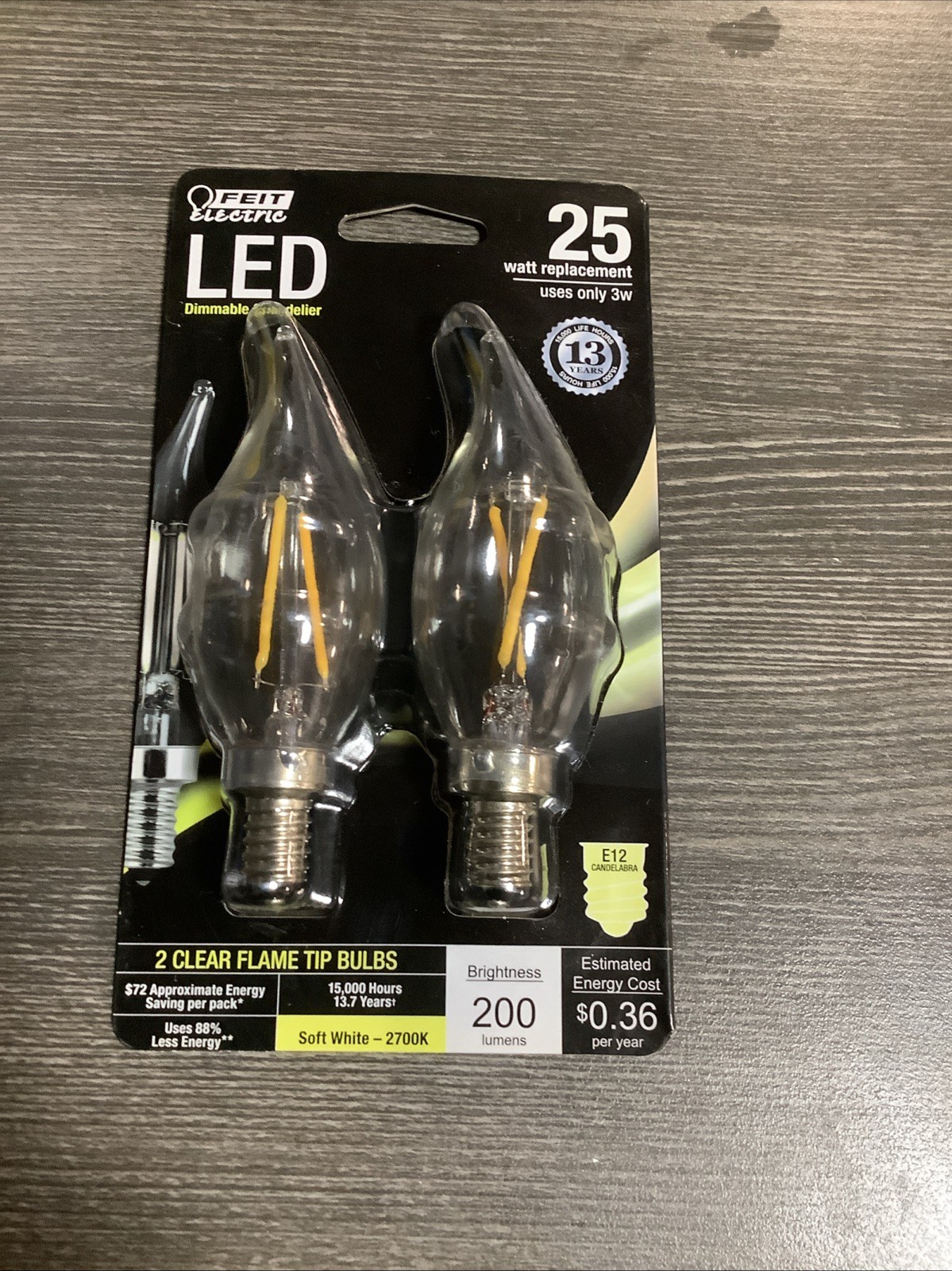 2 PK FEIT ELECTRIC DIMMABLE CHANDELIER LED BULBS, 25W, BPCFC25/827/LED/2-NIP