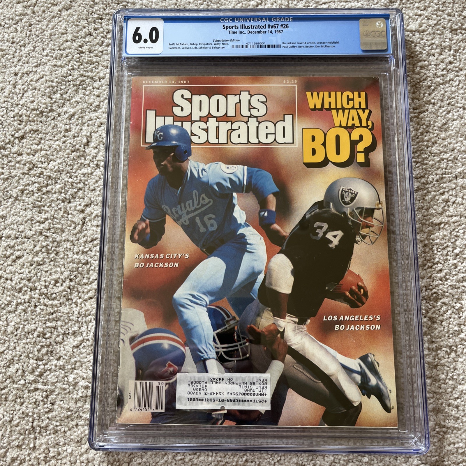 Dec 14 1987 Bo Jackson “Which Way Bo” Sports Illustrated cover, CGC grade 6.0