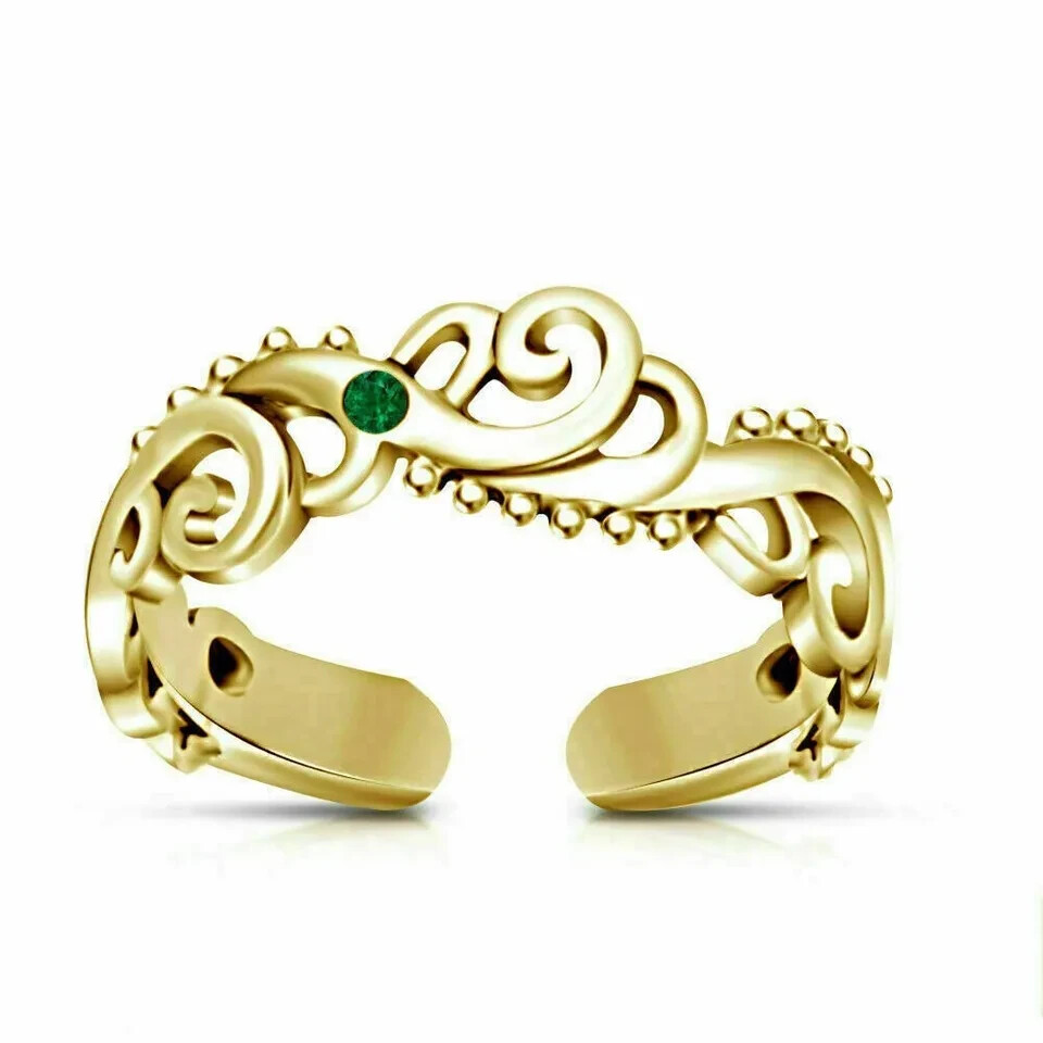 14K Yellow Gold Plated Round Simulated Green Emerald Wave Adjustable Toe Ring