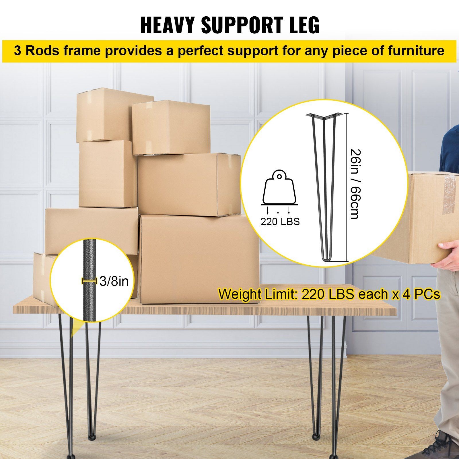 Black 26in Desk Hairpin Legs Set of 4 880lbs Steel 3-Rod Design