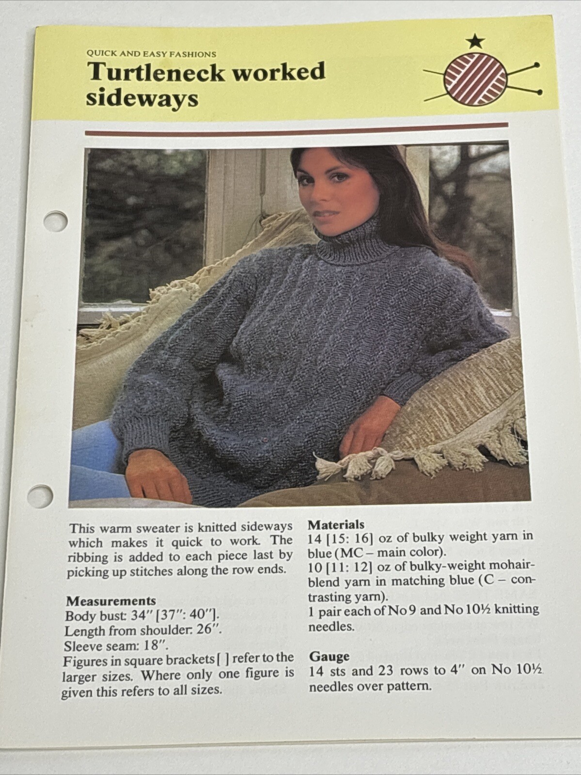 Turtleneck Worked Sideways Women's Knitting Pattern Card