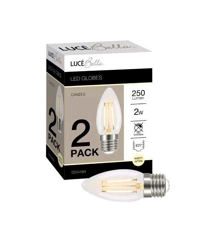 2 x Luce Bella Candle Bulb Filament Globe E27 LED 250 Lumen Warm White 2W