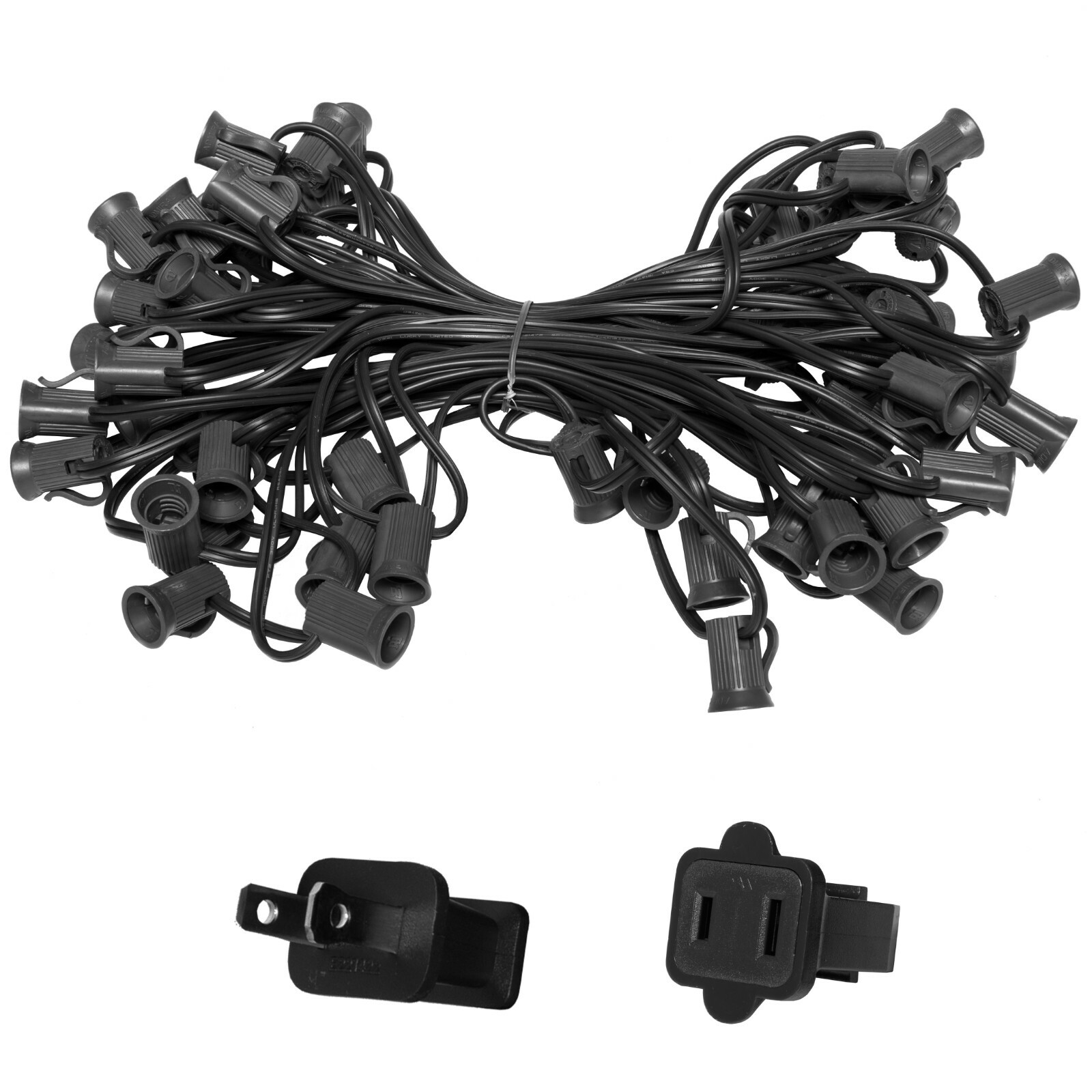 10'-50' Black Patio Light Socket Stringer, 12" Spacing, E12 Sockets, 8A, SPT1
