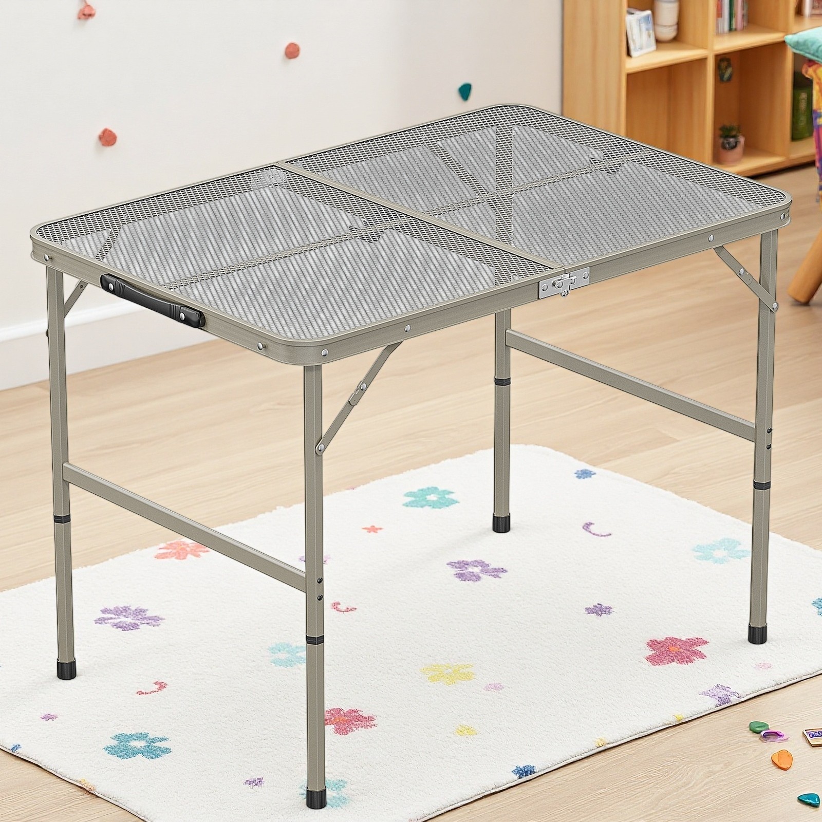 3ft Folding Camping Wire Mesh Table - Adjustable Aluminum Frame Picnic Dark Gray