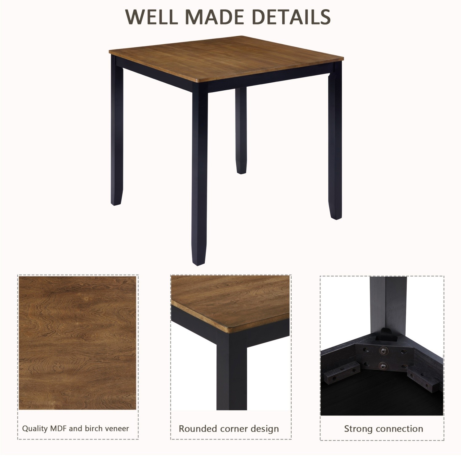 5-Piece Square Dining Table Set with Wood Kitchen Table and 4 Upholstered Chairs