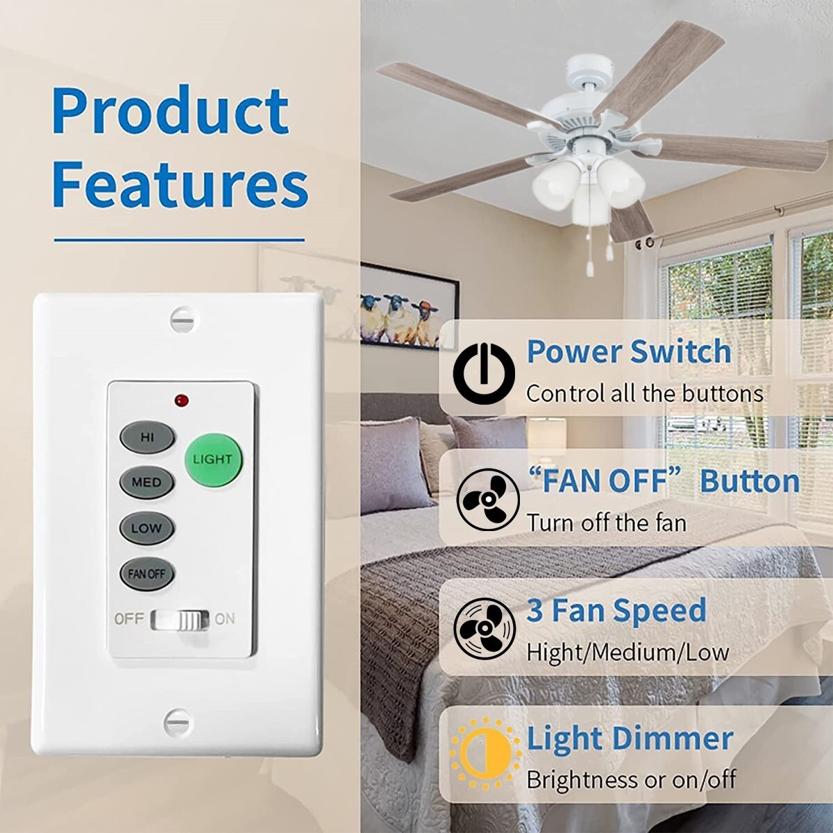 Ceiling Fan Wall Remote Control UC9050T 4DIP Switch For Harbor Breeze Hampton