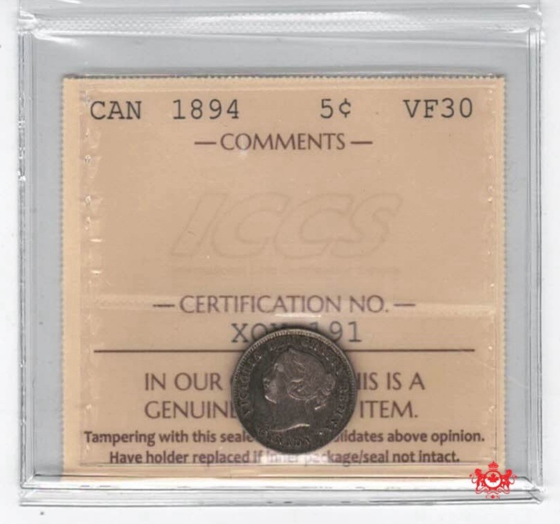 1894 Canada 5 Cents - ICCS VF30 - XQY 191