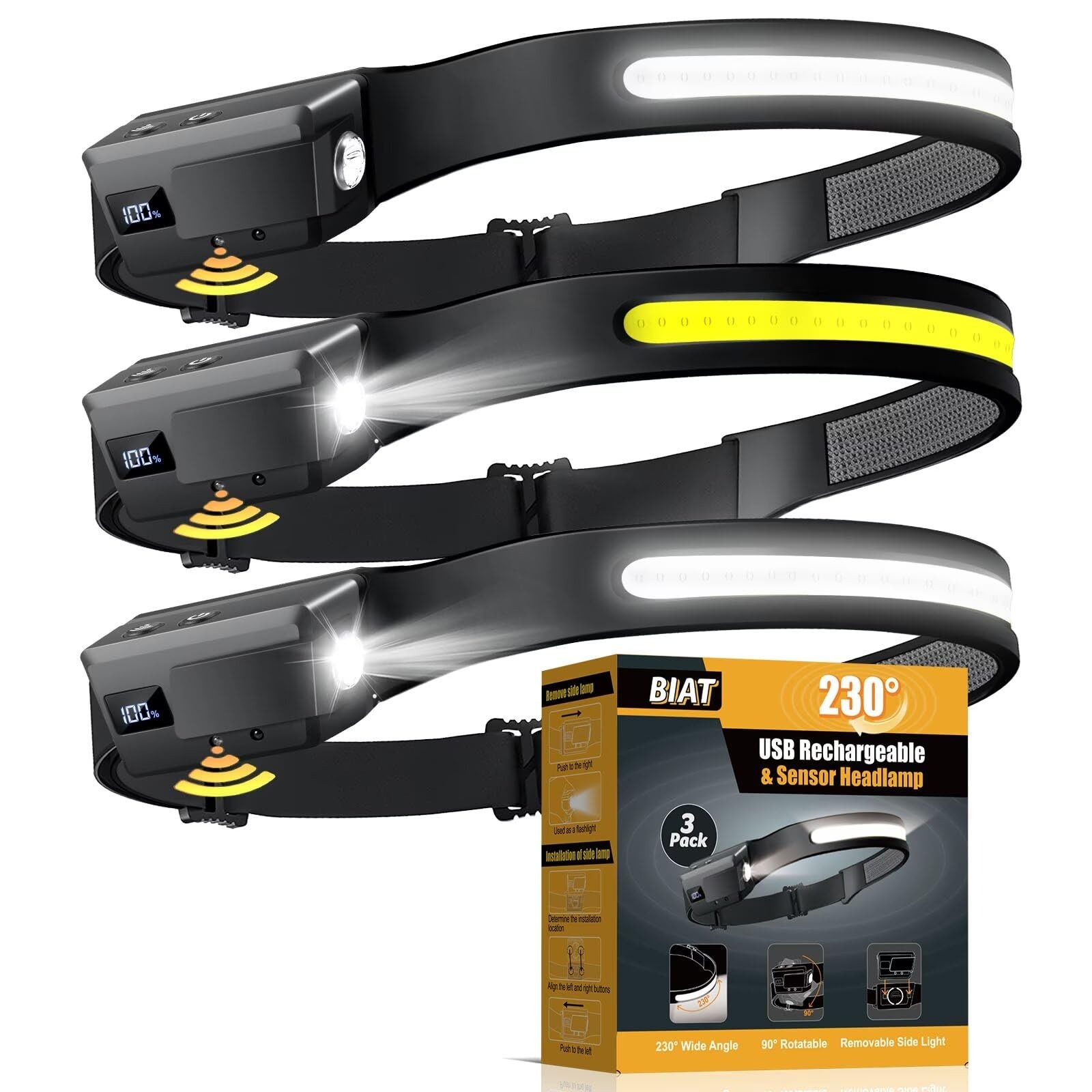 LED Headlamp Rechargeable 3PCS, 230° Wide Beam Headlight with Motion Sensor, ...