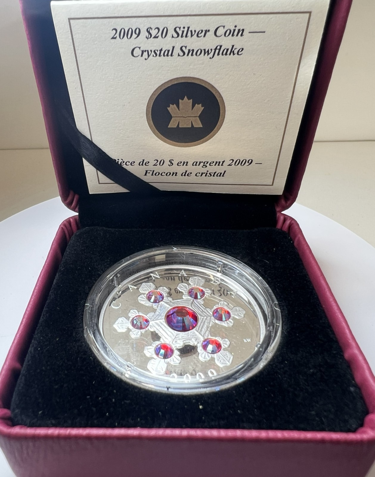 Royal Canadian Mint 2009 $20 Pink Crystal Snowflake 1 oz Fine Silver Coin