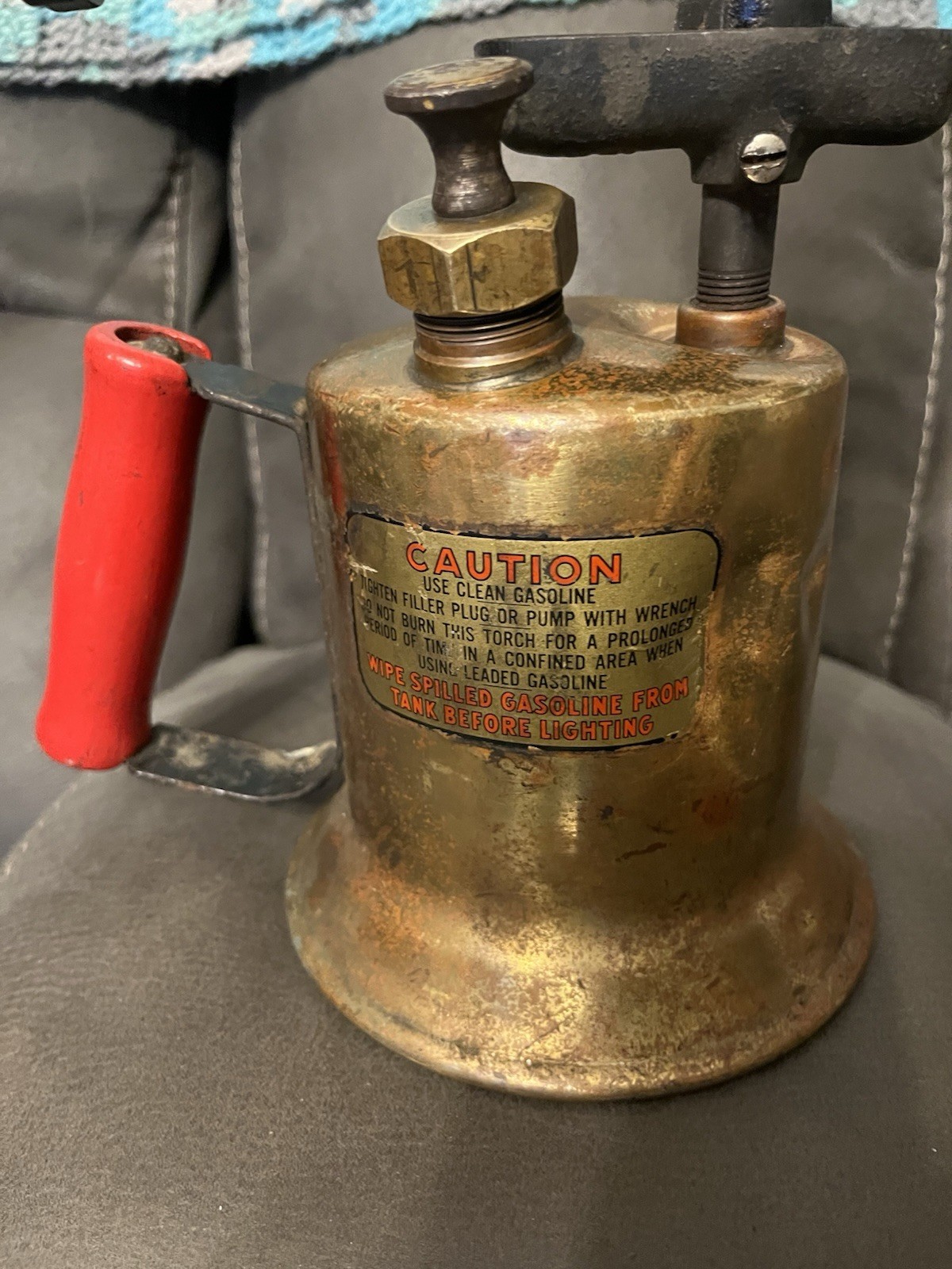 Clayton & Lambert Vintage Brass Gasoline Blowtorch Torch w/ Red Handle