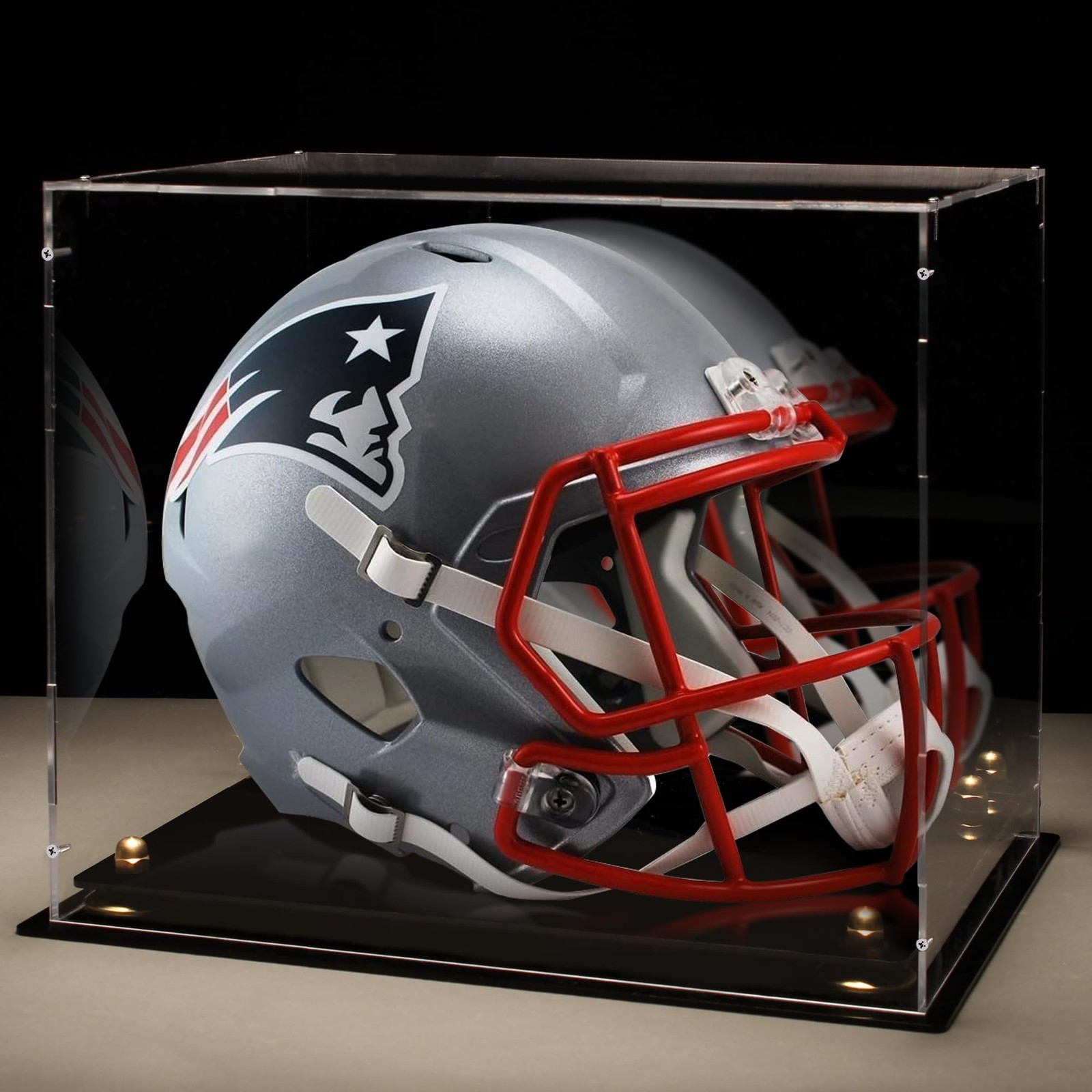 Putros Football Helmet Display Case Full Size with Mirror L-Black, Black Base
