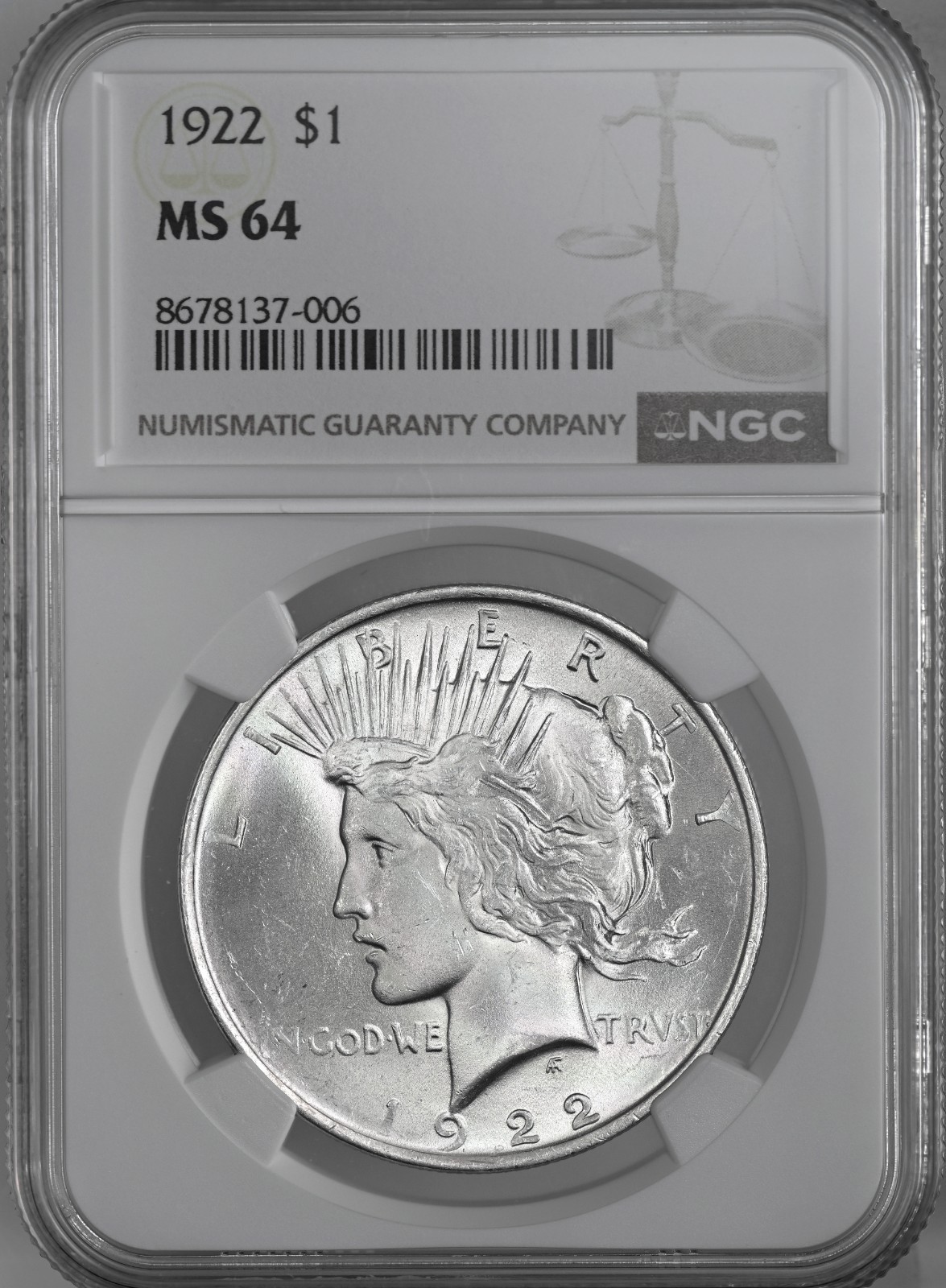 1922-P  $1 PEACE SILVER DOLLAR  "PHILADELPHIA MINT"  NGC MS64 #8678137-006