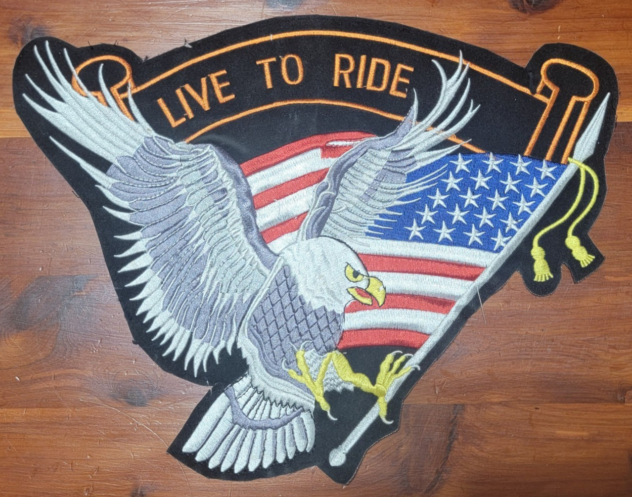 Vintage Large "Live To Ride" USA Flag Eagle Embroidered Biker Patch USED 14 x 10