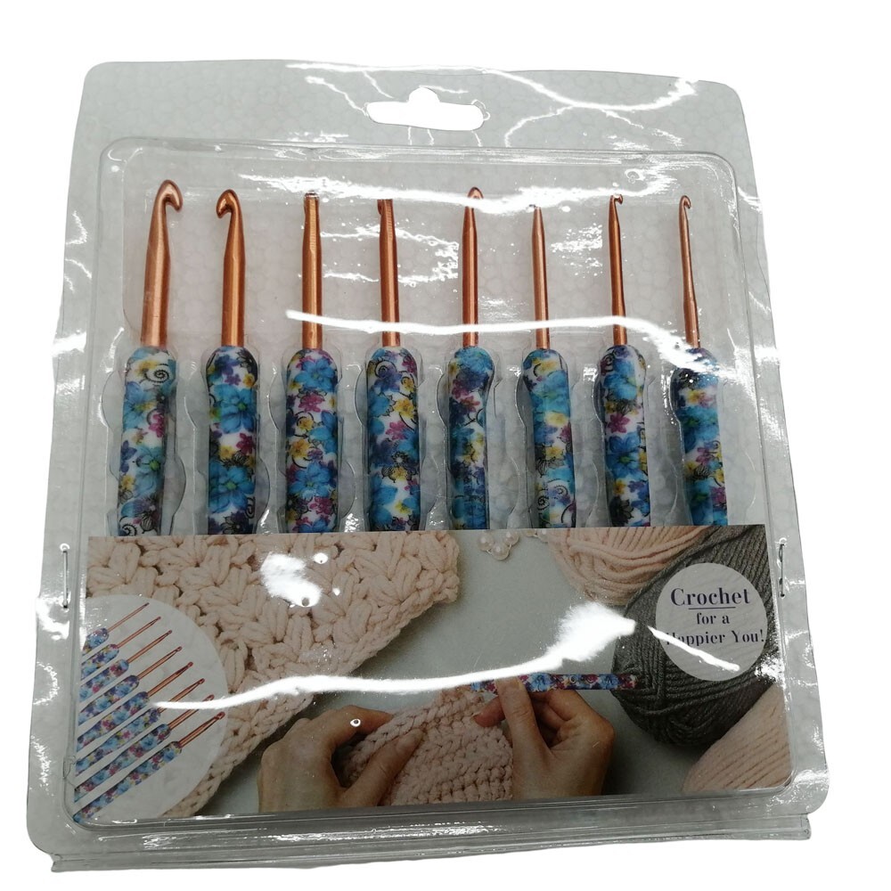 Blue Crochet Hooks Set Grip Handles Knitting Needles 8PCS Hooks Sewing Tool Yarn