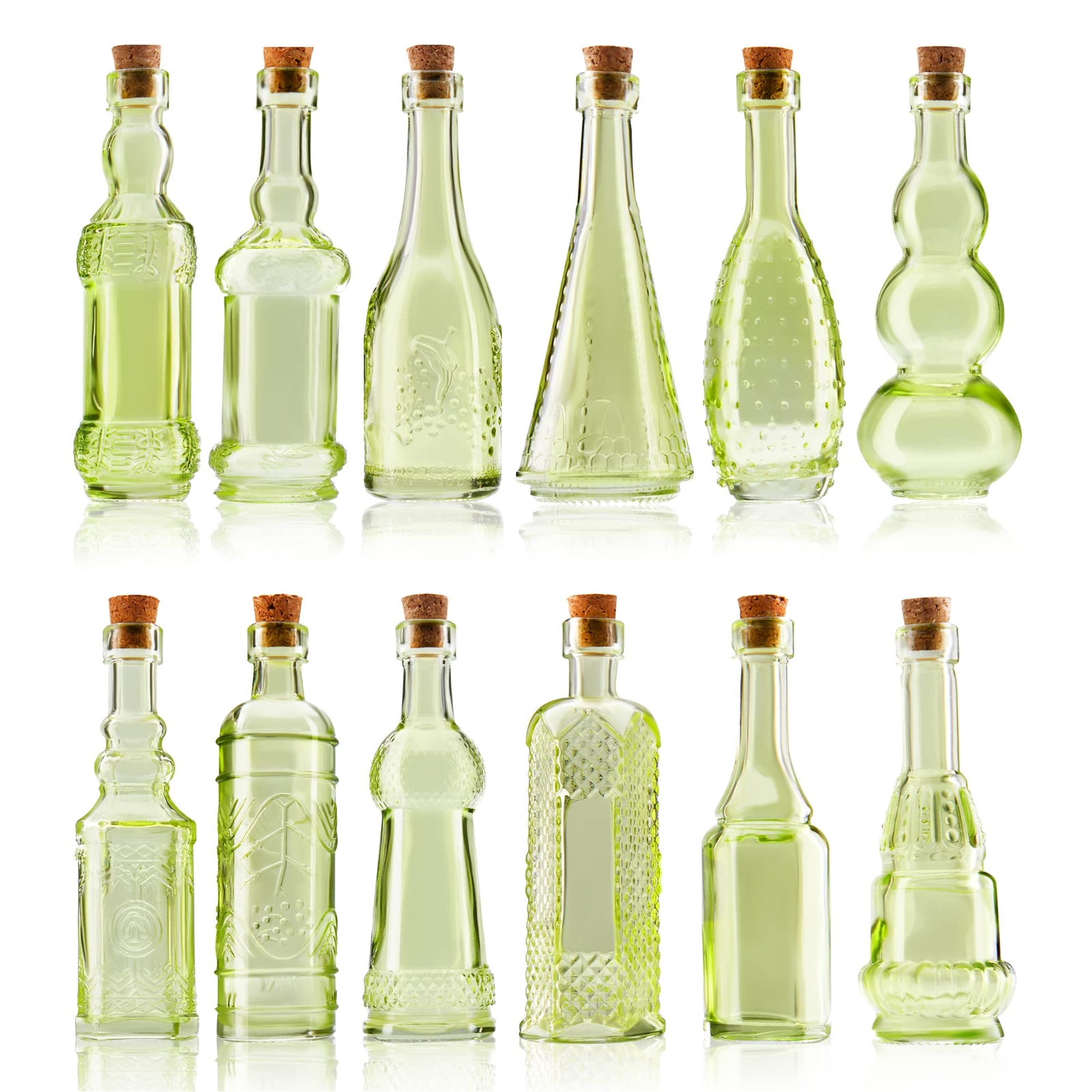 Mini Green Vintage Glass Bottles with Corks Set of 12 Decorative Vases