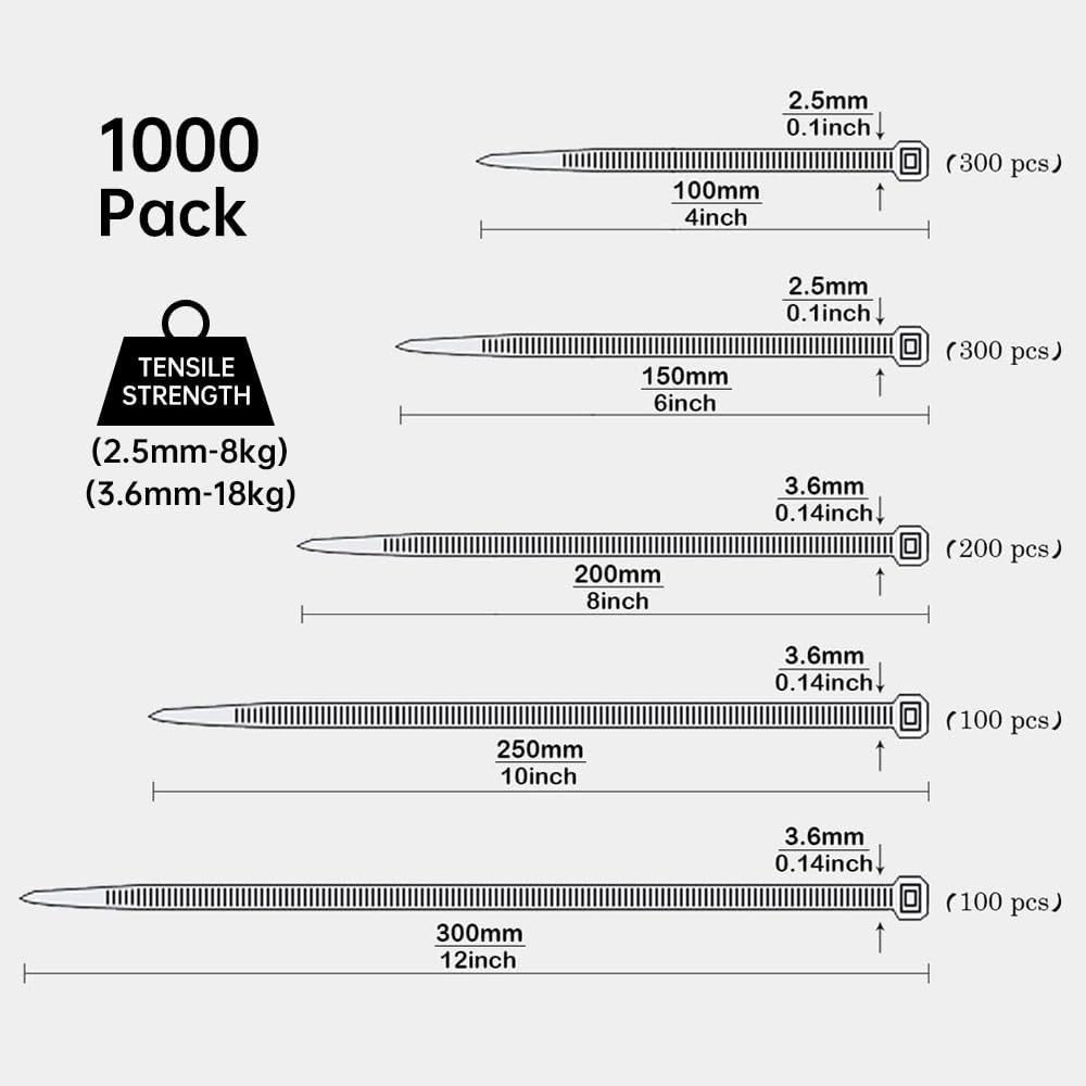 1000Pcs Heavy-Duty Black Zip Ties - Assorted Sizes for Ultimate Cable Management