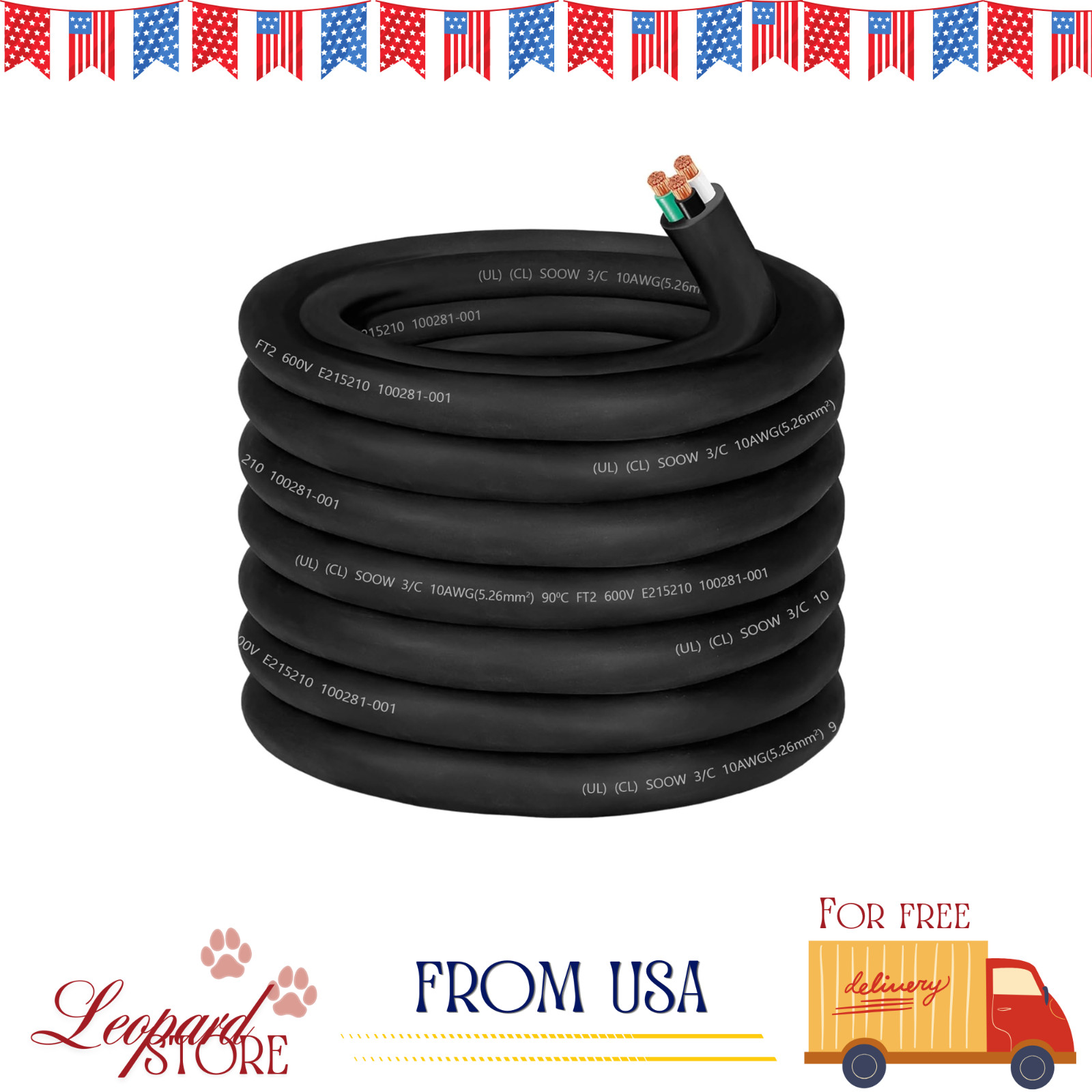 10/3 SOOW Wire 10 Gauge 50ft 3 Conductor 30A Extension Power Cable