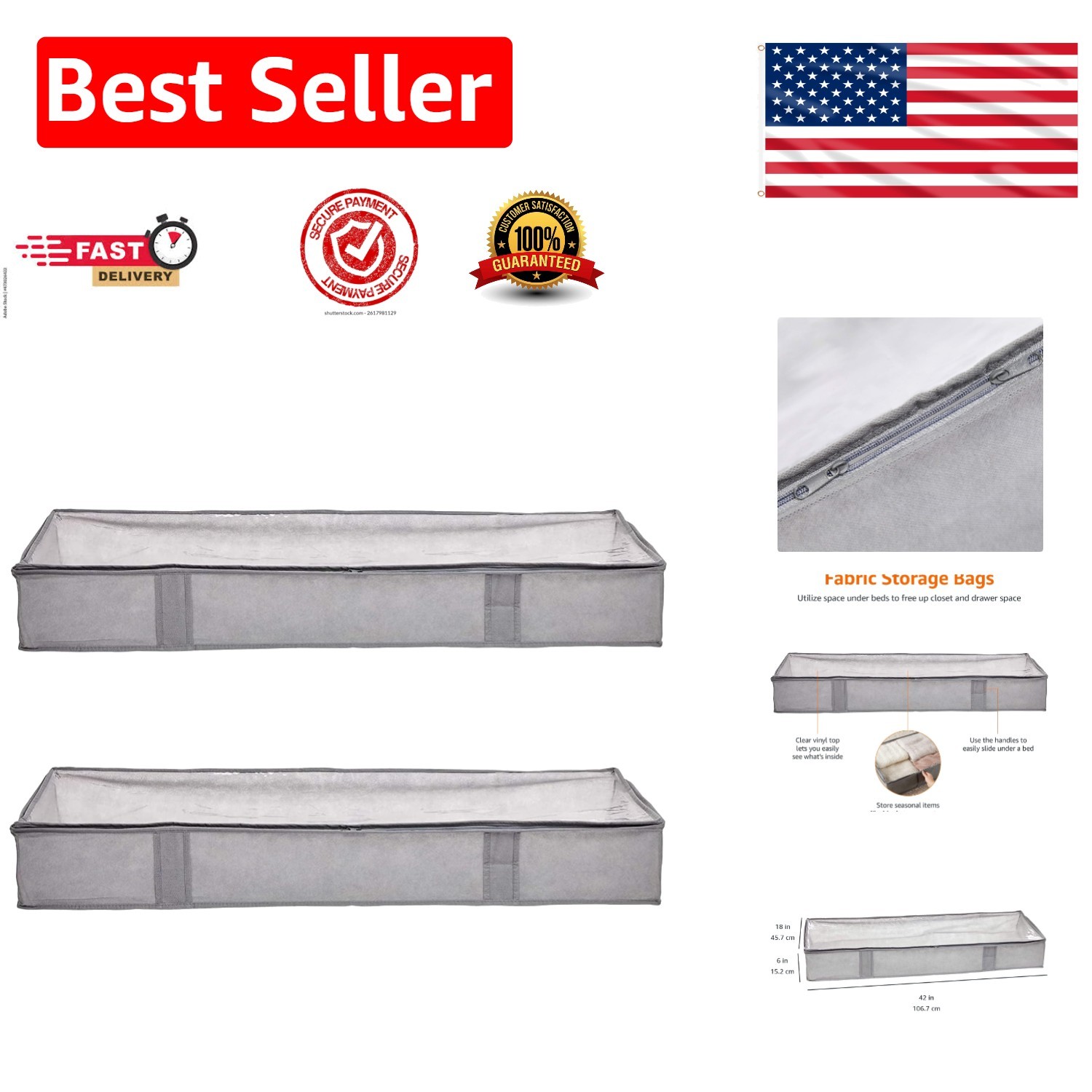 Versatile Fabric Under Bed Storage Containers with Zipper Closure - 2-Pack, Gray