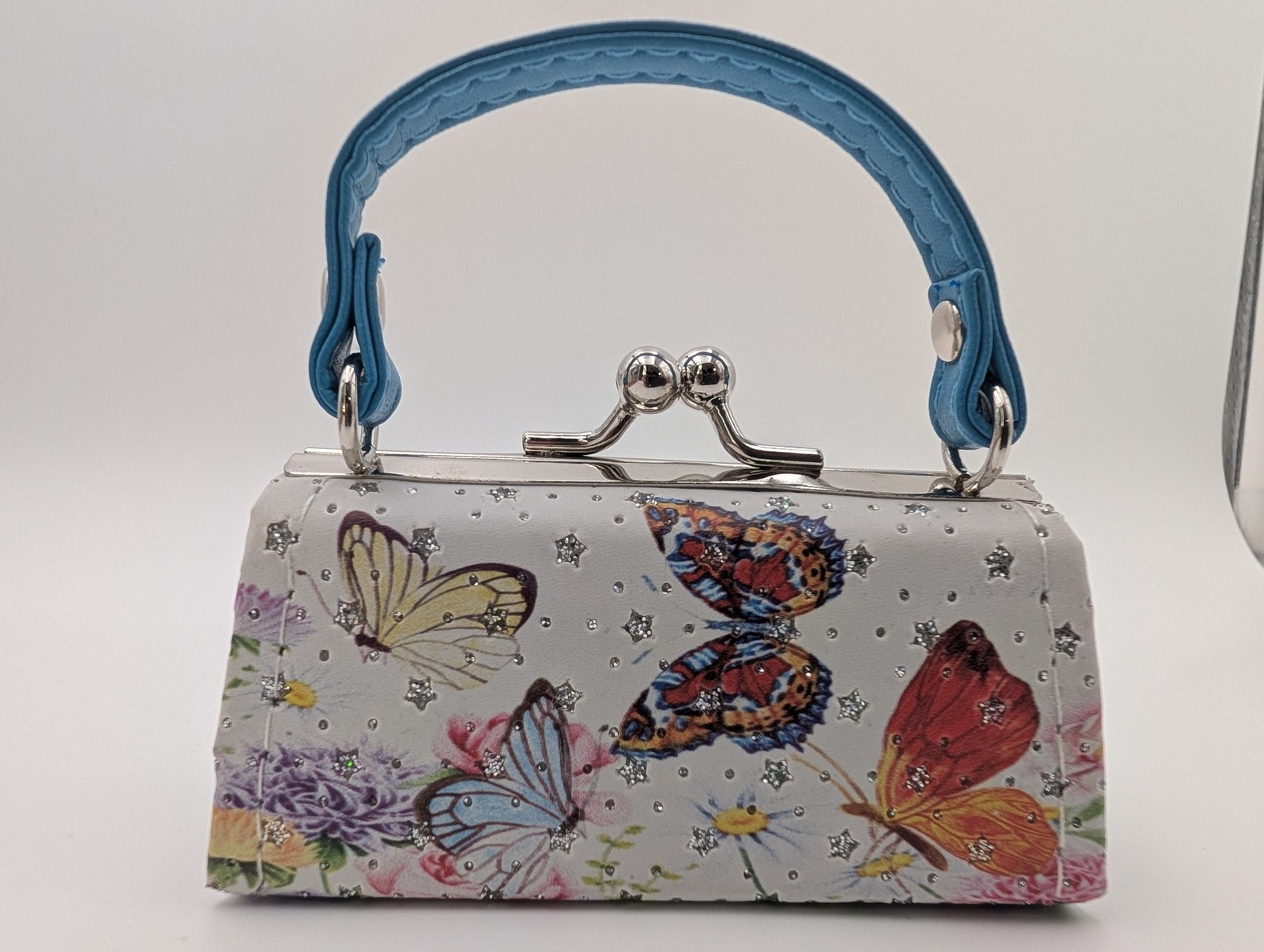 Tic.Tok Mini Butterfly Coin Purse Glitter White Floral 3 In Blue Handle