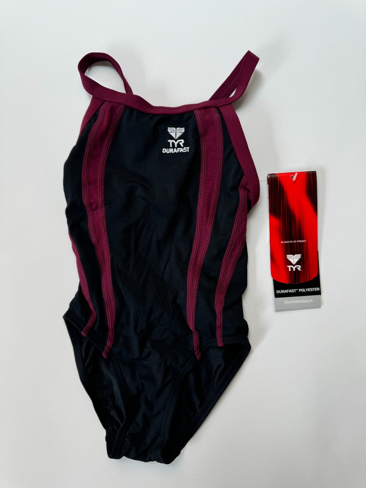 TYR Girls Youth 20 Burgundy Black One Piece Swimsuit Durafast ALLIANCE New