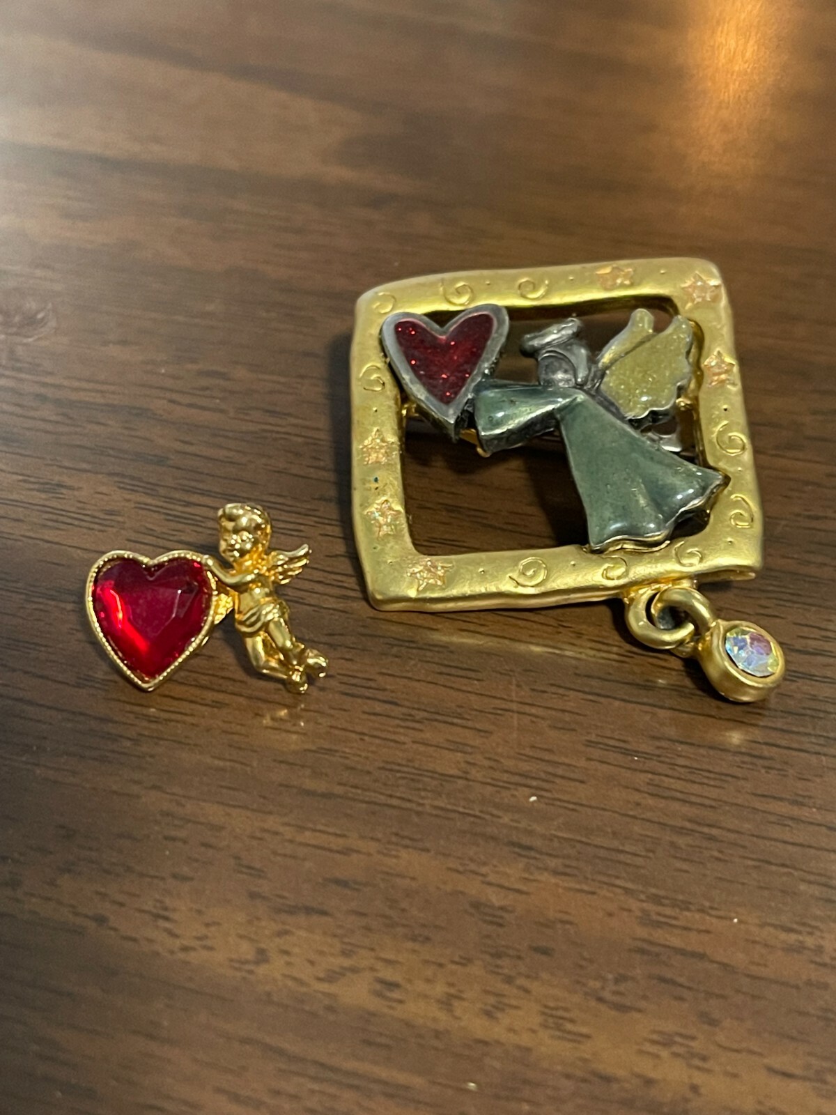 Set 2 VTG Valentine Angel Pins Brooch Enamel Red Silver Gold Heart AJMO Stamped