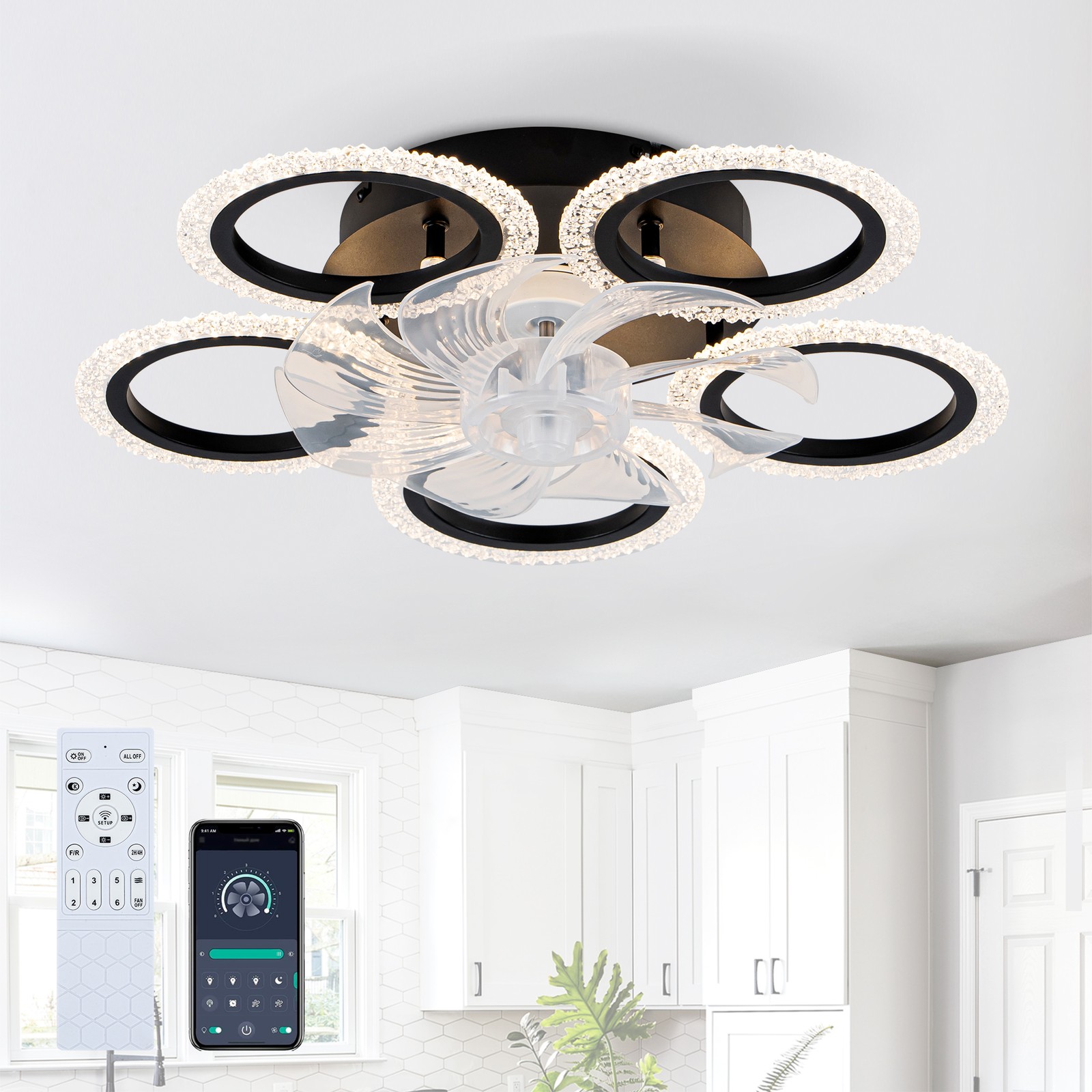 20''Modern Ceiling Fan Lights Remote Control.Black,6 Speeds 3 Light Color Low