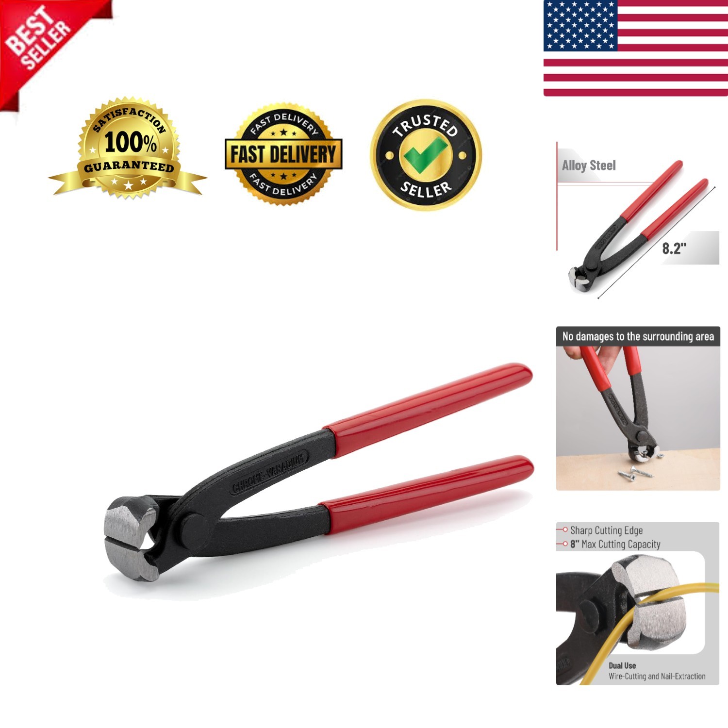 Bates 8-Inch Nail Puller - Red End Cutting Pliers for Effortless Extraction