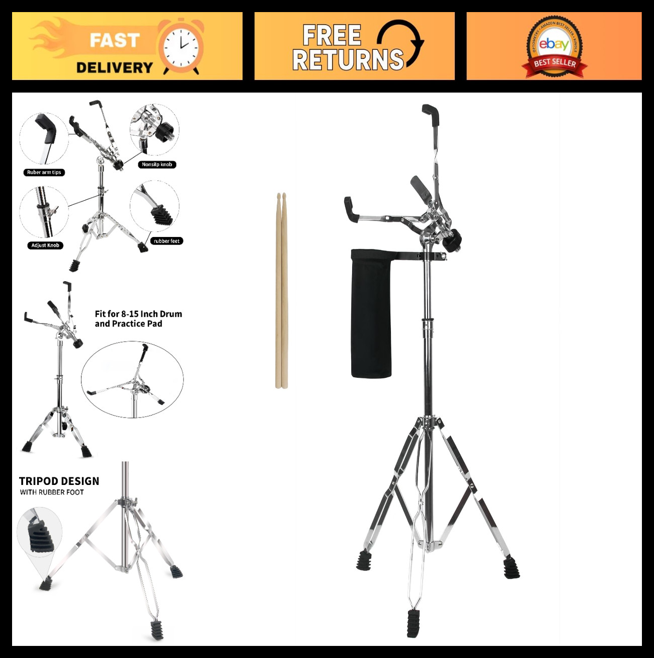 Adjustable Snare Drum Stand with Stick Holder & 5A Drumsticks - Fits 8-15" Drums