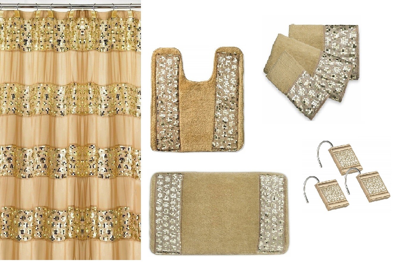 7 Piece Sinatra Gold Shower Curtain, Resin Shower Hooks, 2 Rugs and Towel Set