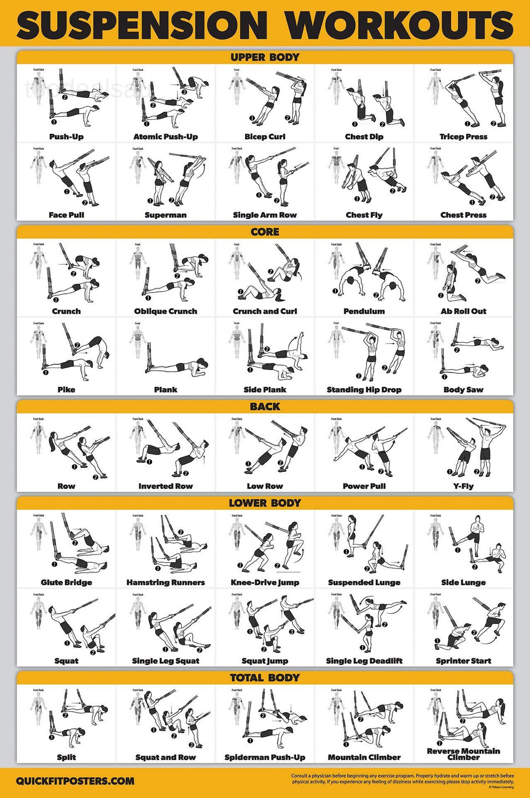 10 Pack - Exercise Workout Poster Set - Cable Machine, 18" x 24", LAMINATED
