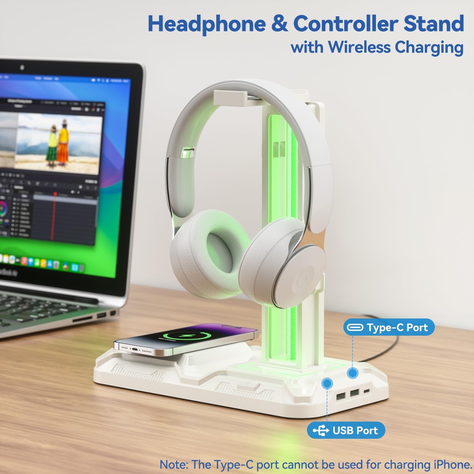 KDD RGB Headphone & Controller Stand with Wireless Charging - Rotatable White