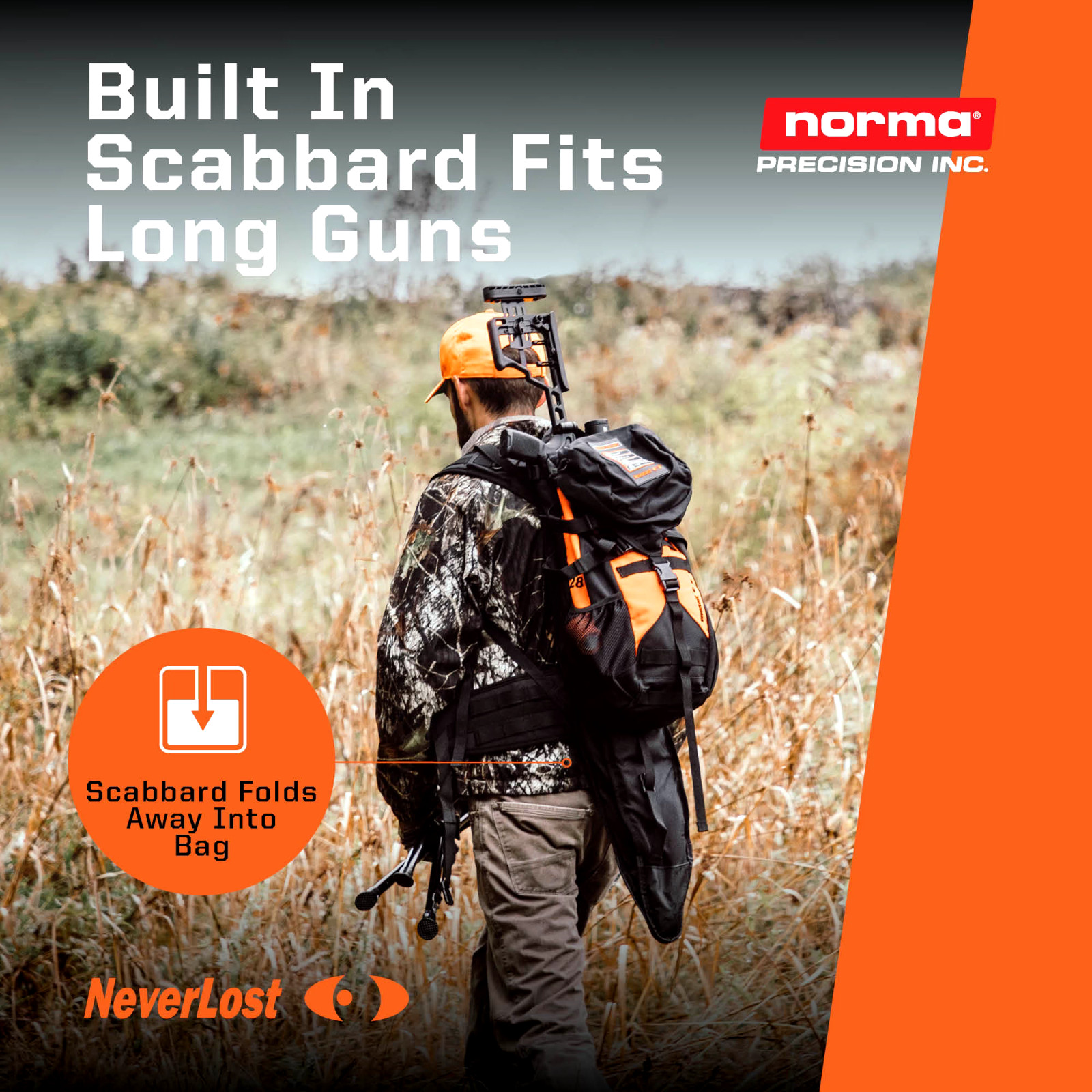 NEVERLOST NORMA ADDON SCOUT BACKPACK WITH OPEN SCABBARD BLACK ORANGE 28L
