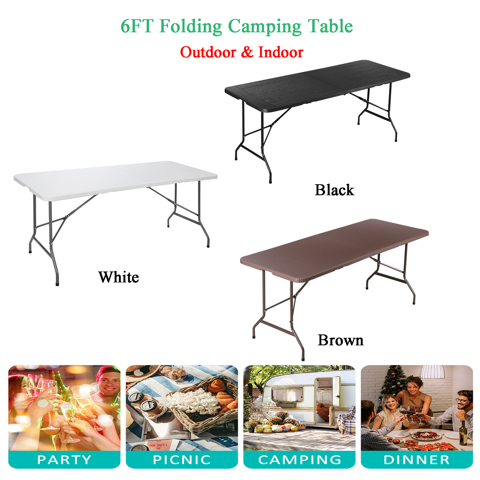 Folding Table 6FT Plastic Table Picnic Camping w/Carry Handle White/Black/Brown