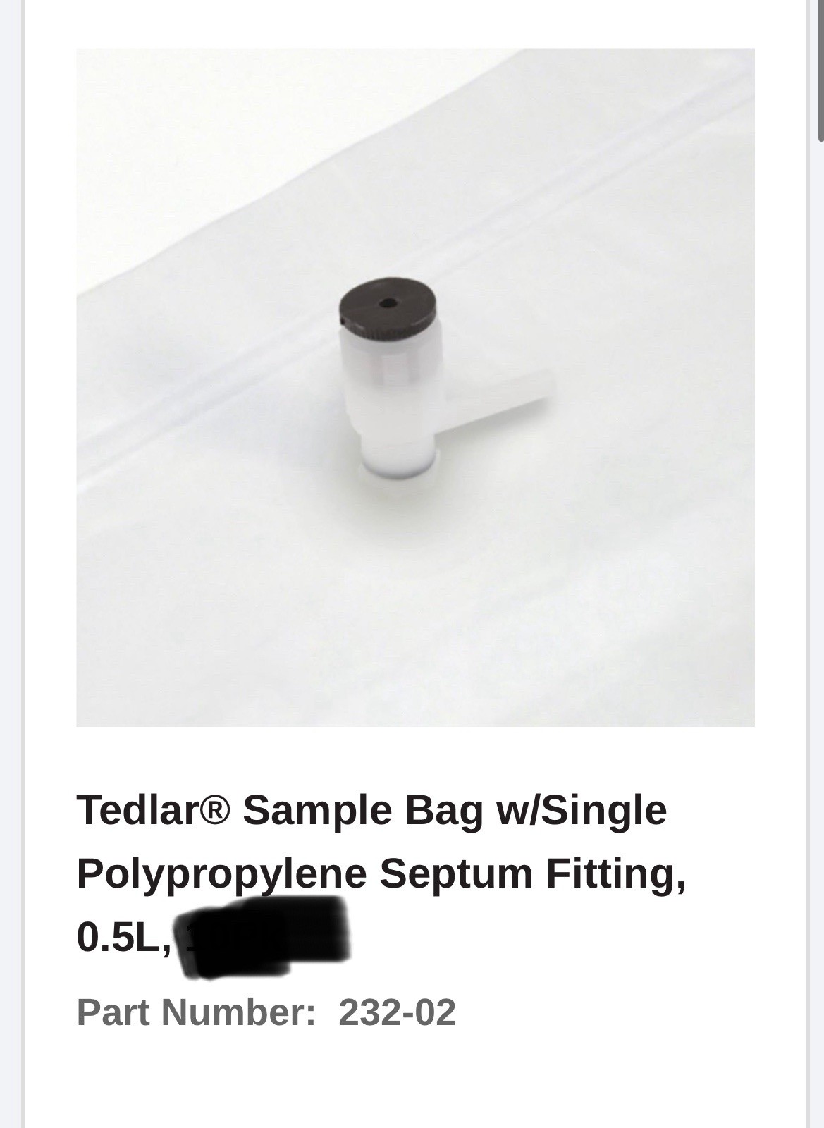 Tedlar® Sample Bag w/Single Polypropylene Septum Fitting, 0.5L Quantity 9