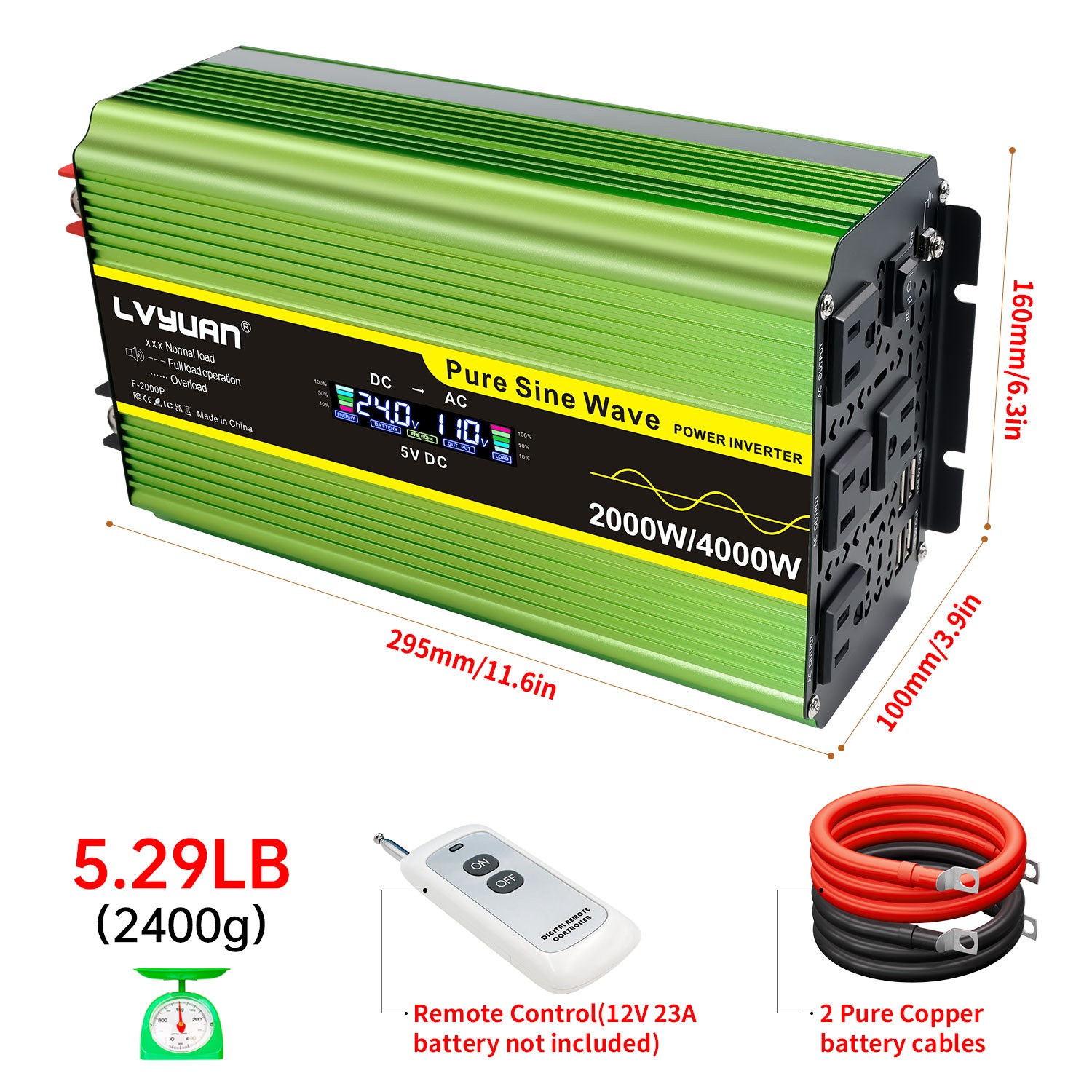 2000W 4000W Pure sine Wave Power Inverter Converter 24V to 110V w/4AC 4USB LCD