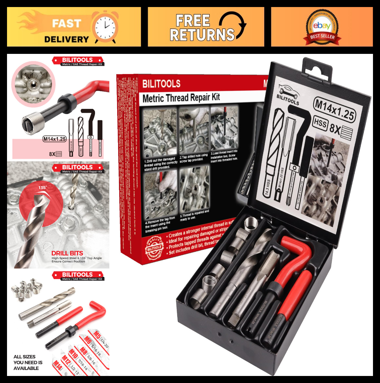 M14x1.25 Thread Repair Kit - HSS Drill Helicoil Metric Tool for Stripped Threads