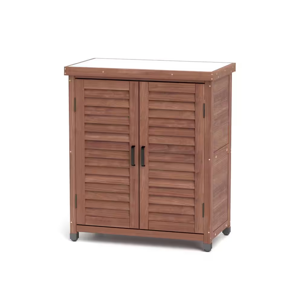 32 In. W X 31 In. H Coffee Wood Potting Bench, Outdoor Storage Cabinet with Meta