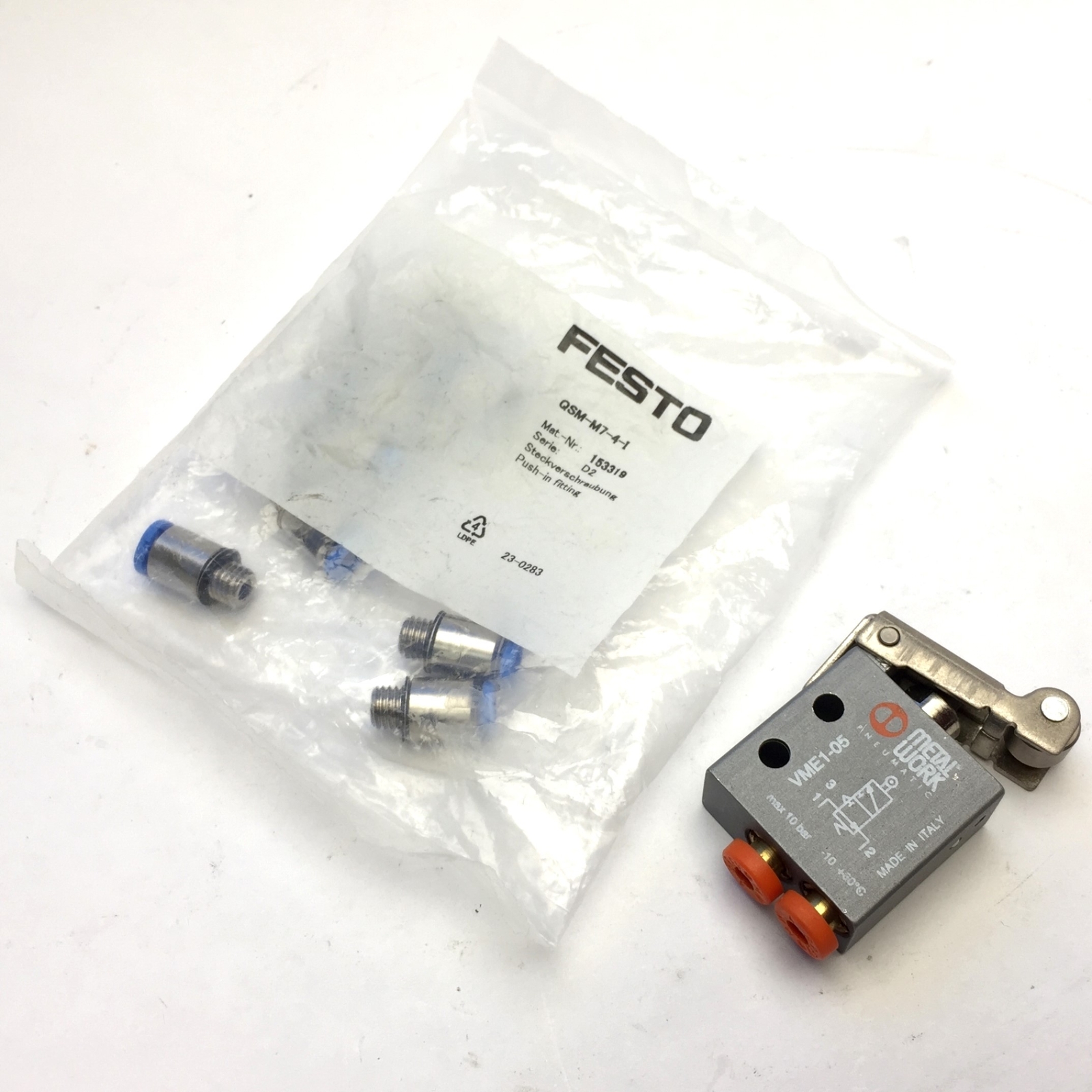 Metal Work VME1-05 Pneumatic Valve 3/2 NO 4mm, Festo QSM-M7-4-I Push Fittings