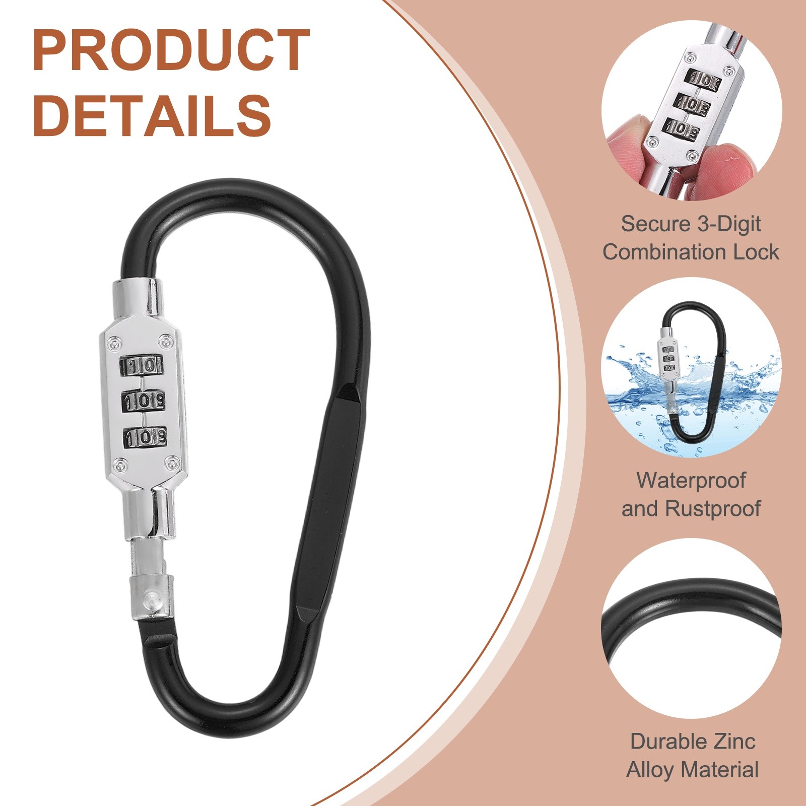 2 Pcs 3.8" x 1.8" D-Shaped 3-Digit Code Combination Lock D-Ring Clip, Black