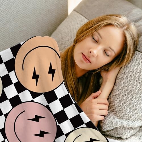 Fuzzy Flannel Blanket Hippie Smile Face Checkerboard Throw Blanket for Home