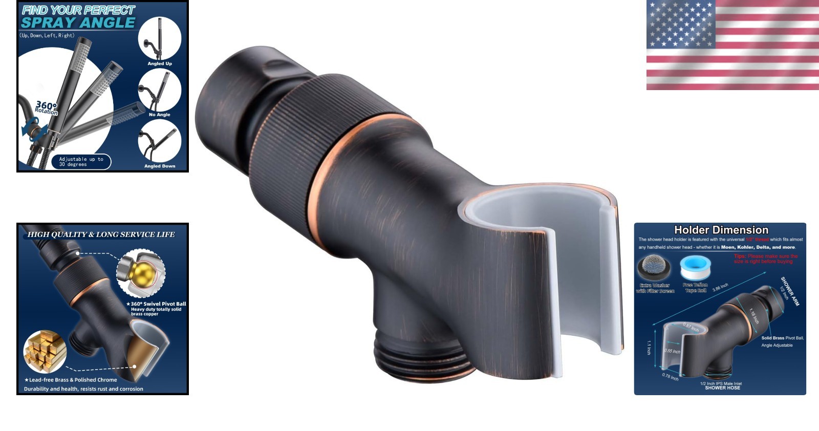 Brass Shower Head Arm Mount Adjustable Fit for Most Handheld Showers