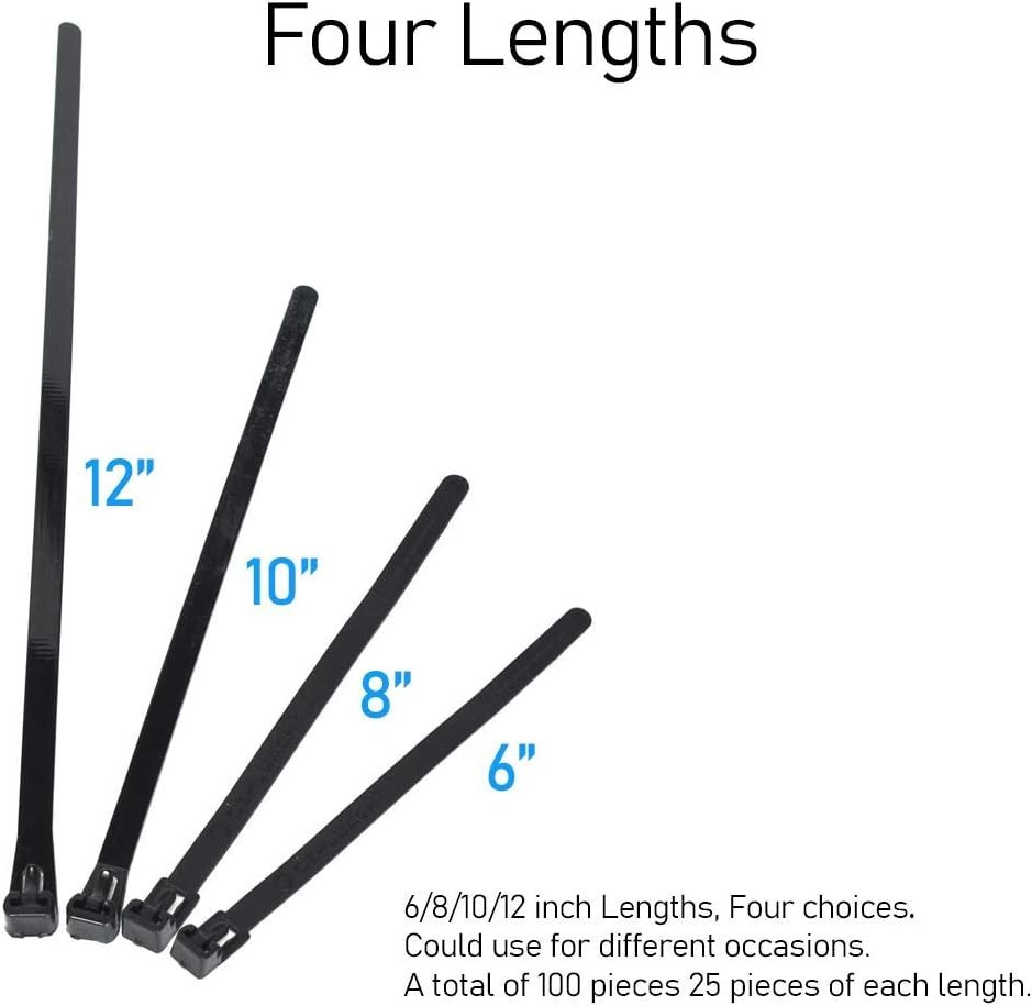 Reusable Zip Ties, 100 Pcs Assorted Fastening Cable Zip Ties 6" 8" 10" 12"