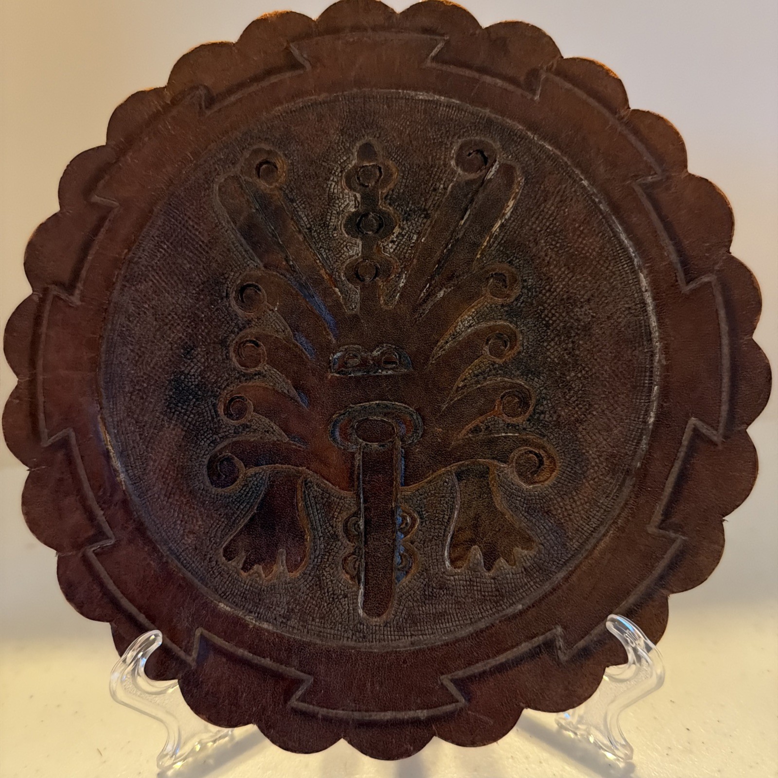 Vintage Peruvian Tooled Leather Scalloped Edge Trivet  Tribal