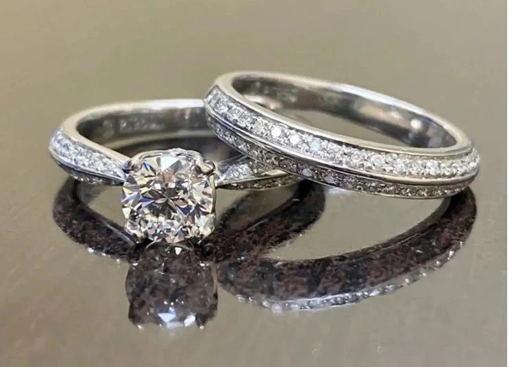 Engagement Set Women's Ring 2Ct Round Lab Created Diamond 14K White Gold Plated