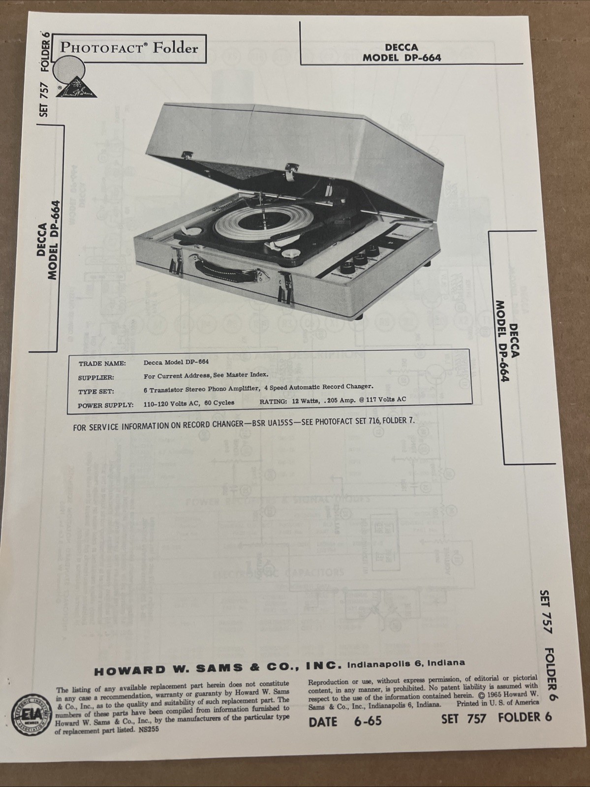 Vintage Sams Photofact Schematic 6-1965 DECCA MODEL DP-664