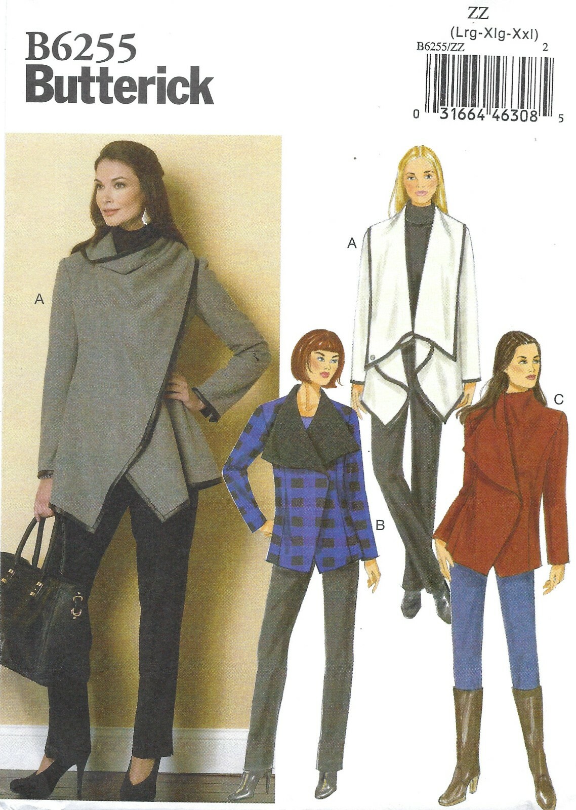 Butterick B6255 Oversized Collar Coats w Shaped Front Hemline Sz 16-26 UNCUT